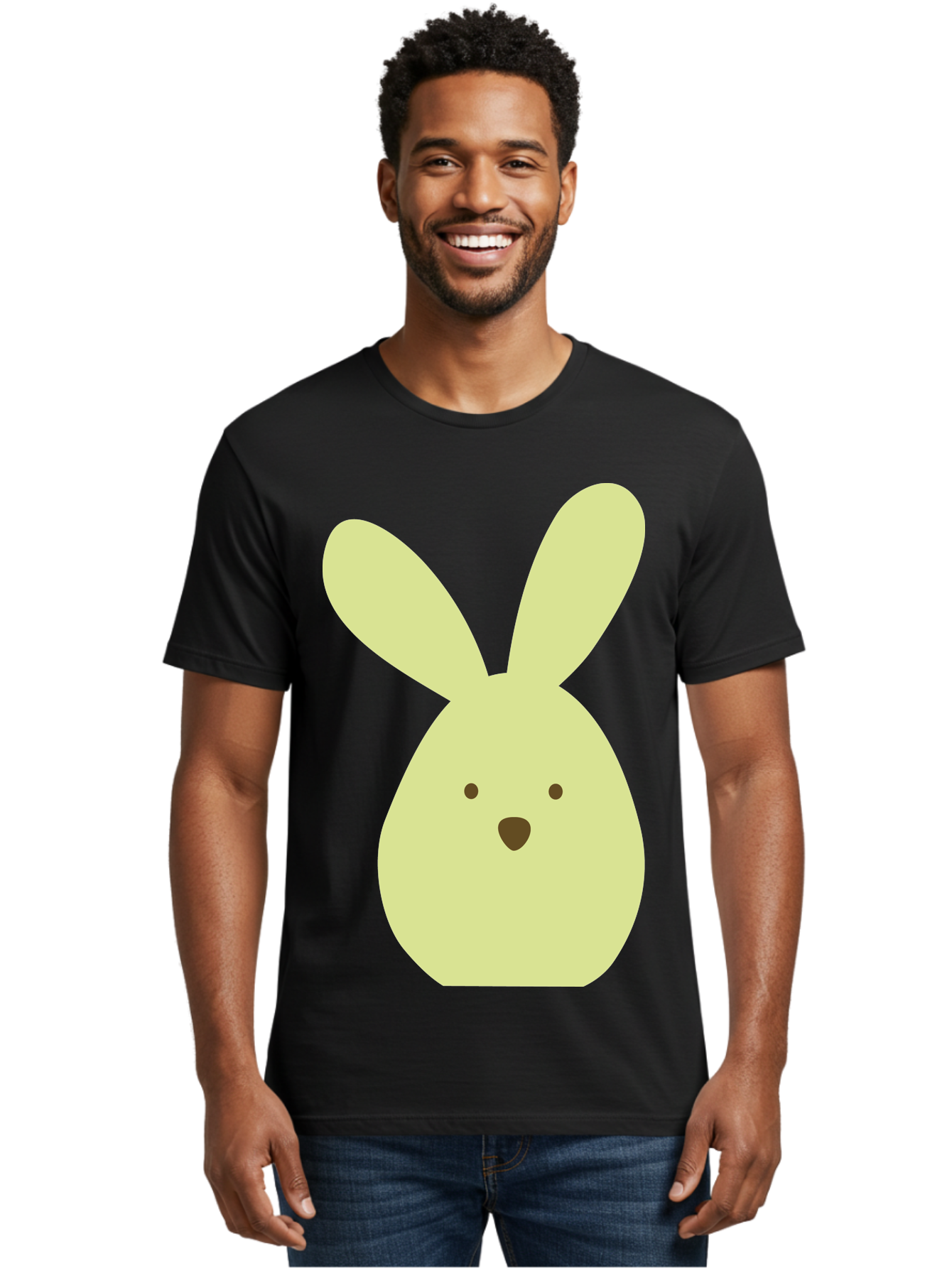 Bunny-Face Men'S Graphic Tee, 100% Cotton, Comfortable Casual Summer Wear, Machine Washable, Cartoon Bunny, Easter Bunny, Cute, Simple Design, Childrens Illustration, Rabbit Face, Brown Nose, Pale Yellow, Digital Art Aac549
