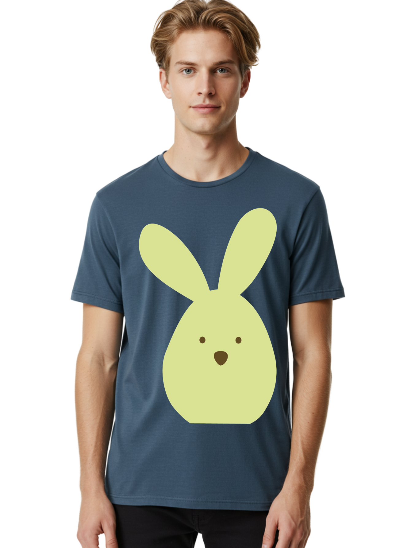 Bunny-Face Men'S Graphic Tee, 100% Cotton, Comfortable Casual Summer Wear, Machine Washable, Cartoon Bunny, Easter Bunny, Cute, Simple Design, Childrens Illustration, Rabbit Face, Brown Nose, Pale Yellow, Digital Art Aac549