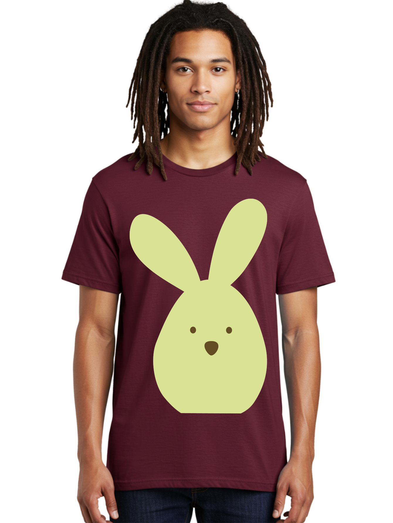 Bunny-Face Men'S Graphic Tee, 100% Cotton, Comfortable Casual Summer Wear, Machine Washable, Cartoon Bunny, Easter Bunny, Cute, Simple Design, Childrens Illustration, Rabbit Face, Brown Nose, Pale Yellow, Digital Art Aac549