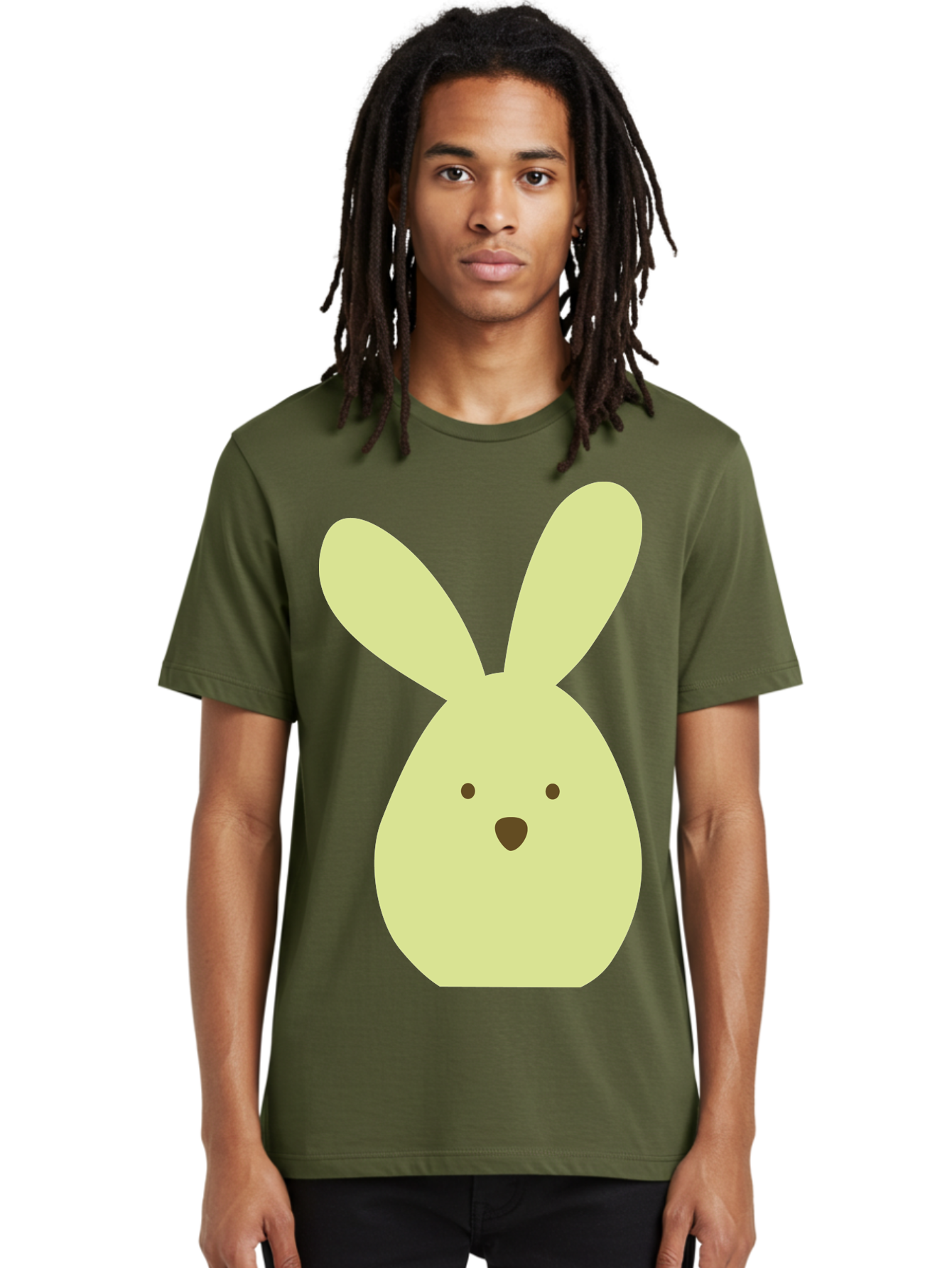 Bunny-Face Men'S Graphic Tee, 100% Cotton, Comfortable Casual Summer Wear, Machine Washable, Cartoon Bunny, Easter Bunny, Cute, Simple Design, Childrens Illustration, Rabbit Face, Brown Nose, Pale Yellow, Digital Art Aac549