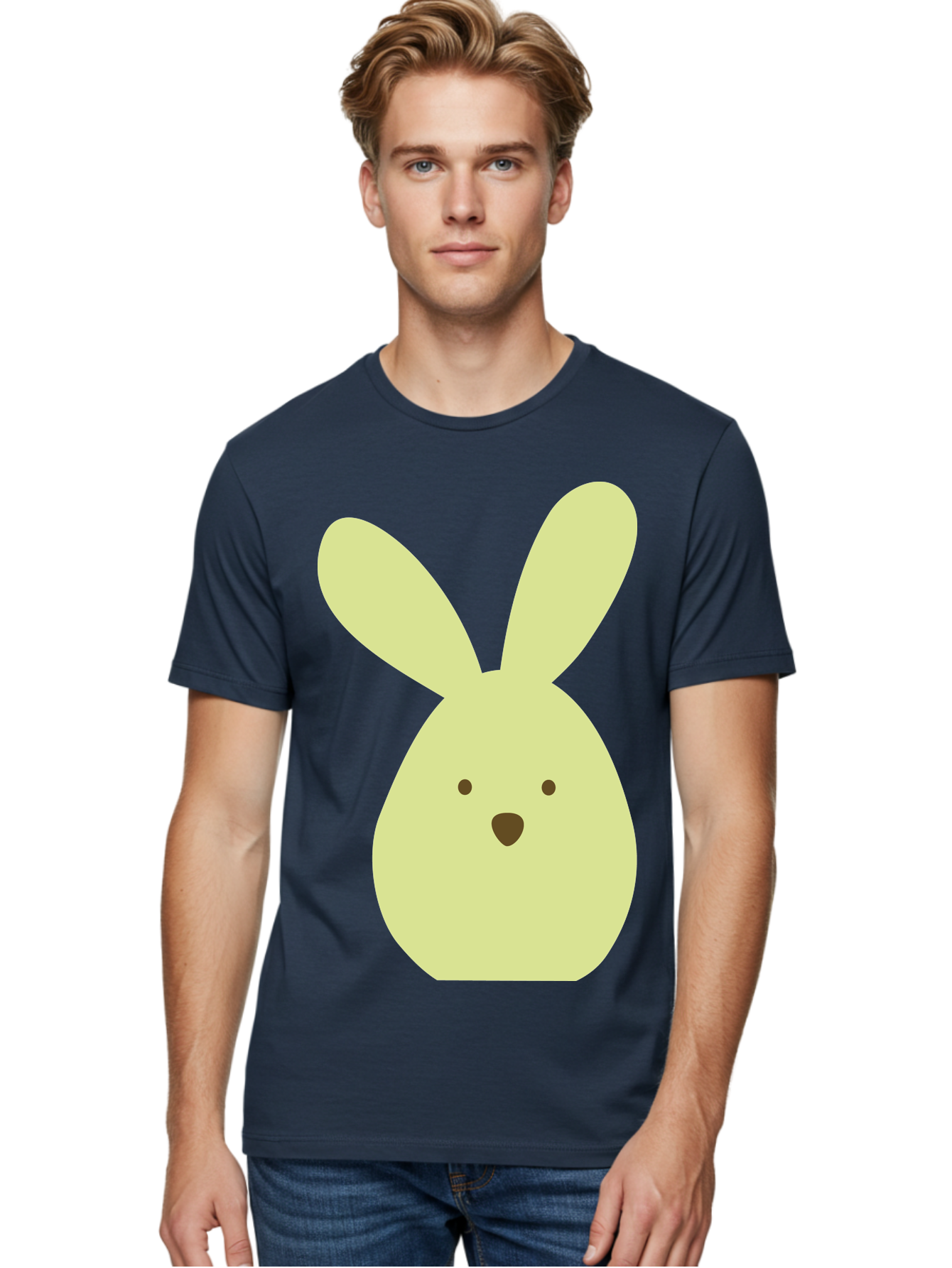 Bunny-Face Men'S Graphic Tee, 100% Cotton, Comfortable Casual Summer Wear, Machine Washable, Cartoon Bunny, Easter Bunny, Cute, Simple Design, Childrens Illustration, Rabbit Face, Brown Nose, Pale Yellow, Digital Art Aac549
