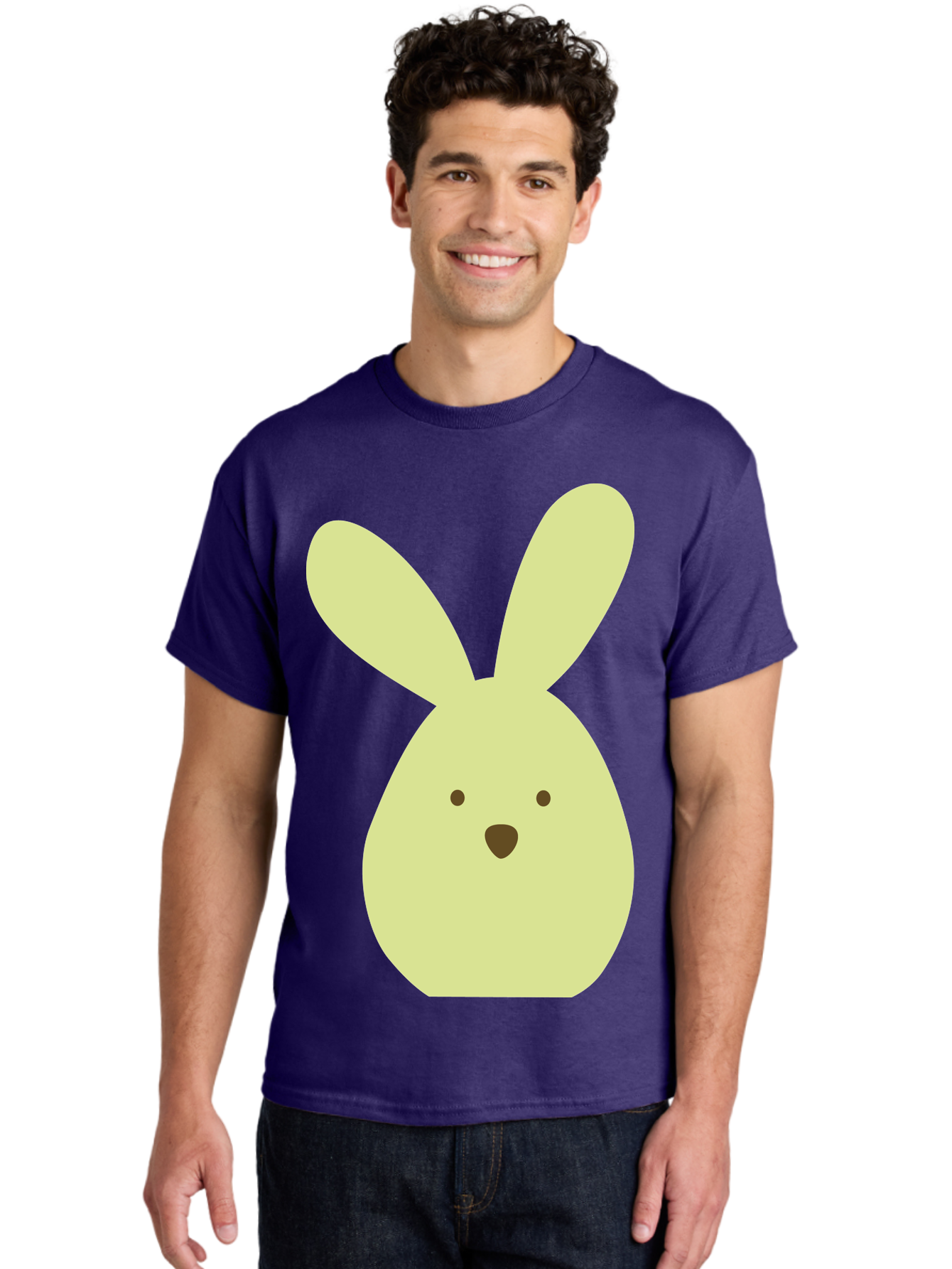 Bunny-Face Men'S Graphic Tee, 100% Cotton, Comfortable Casual Summer Wear, Machine Washable, Cartoon Bunny, Easter Bunny, Cute, Simple Design, Childrens Illustration, Rabbit Face, Brown Nose, Pale Yellow, Digital Art Aac549