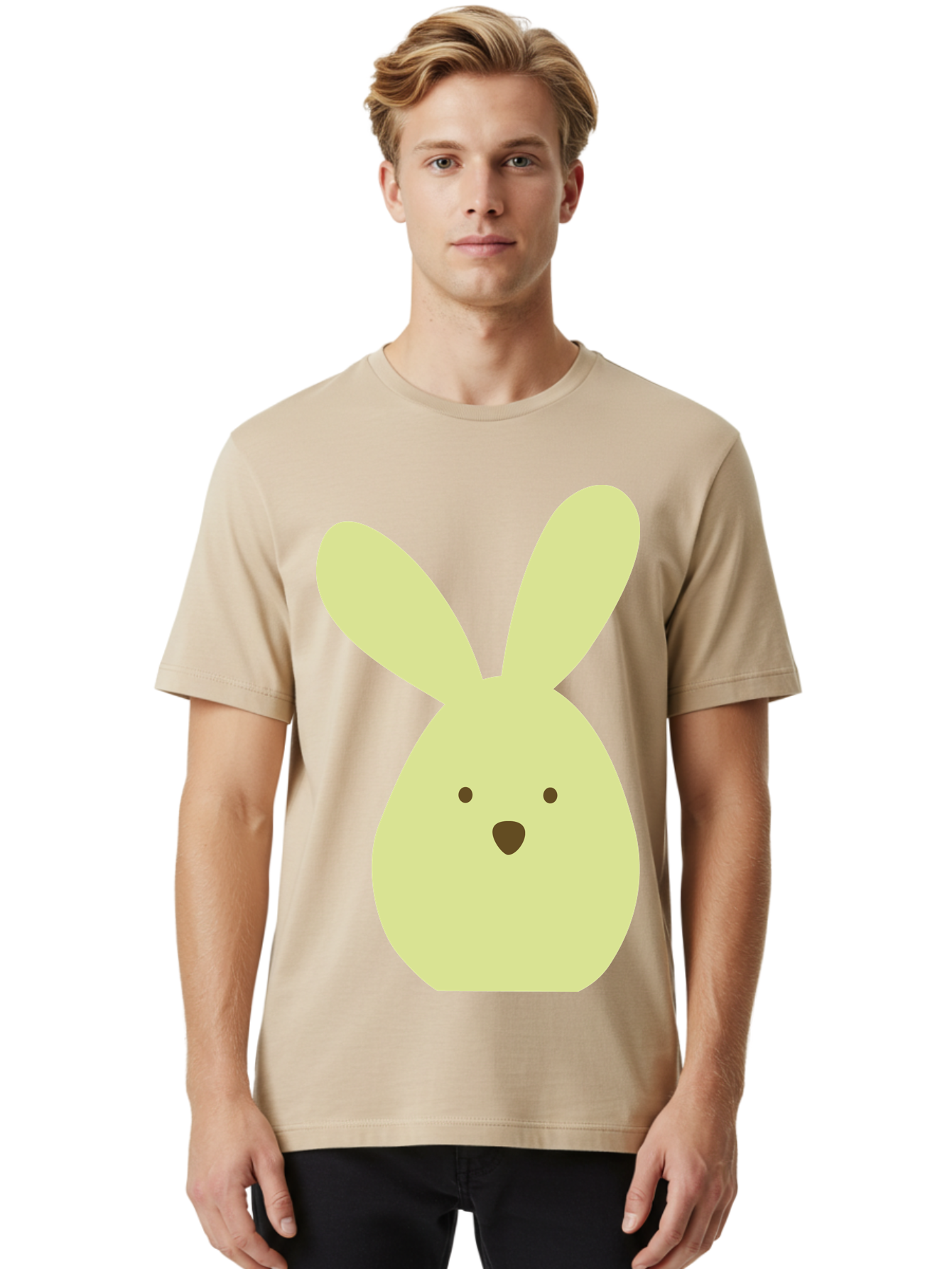 Bunny-Face Men'S Graphic Tee, 100% Cotton, Comfortable Casual Summer Wear, Machine Washable, Cartoon Bunny, Easter Bunny, Cute, Simple Design, Childrens Illustration, Rabbit Face, Brown Nose, Pale Yellow, Digital Art Aac549