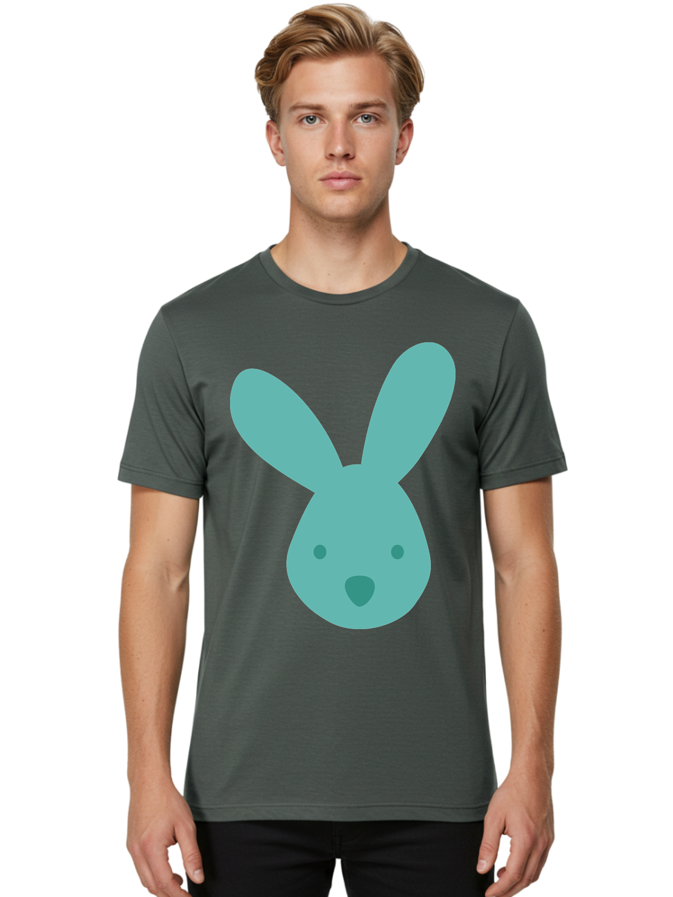 Bunny-Head Men'S Graphic Tee, 100% Cotton, Comfortable Casual Summer Wear, Machine Washable, Cartoon Bunny, Teal Rabbit, Simple Design, Cute Face, Digital Illustration, Easter Theme, Minimalist Art, Pastel Colors Aac550