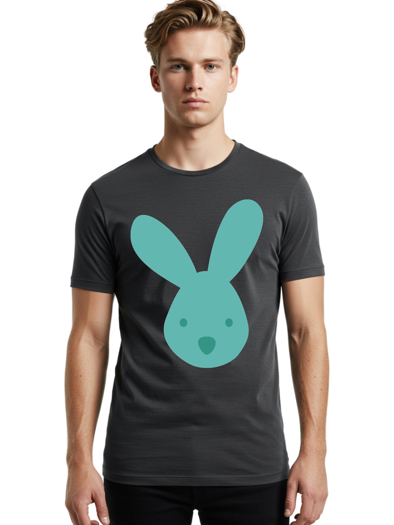 Bunny-Head Men'S Graphic Tee, 100% Cotton, Comfortable Casual Summer Wear, Machine Washable, Cartoon Bunny, Teal Rabbit, Simple Design, Cute Face, Digital Illustration, Easter Theme, Minimalist Art, Pastel Colors Aac550