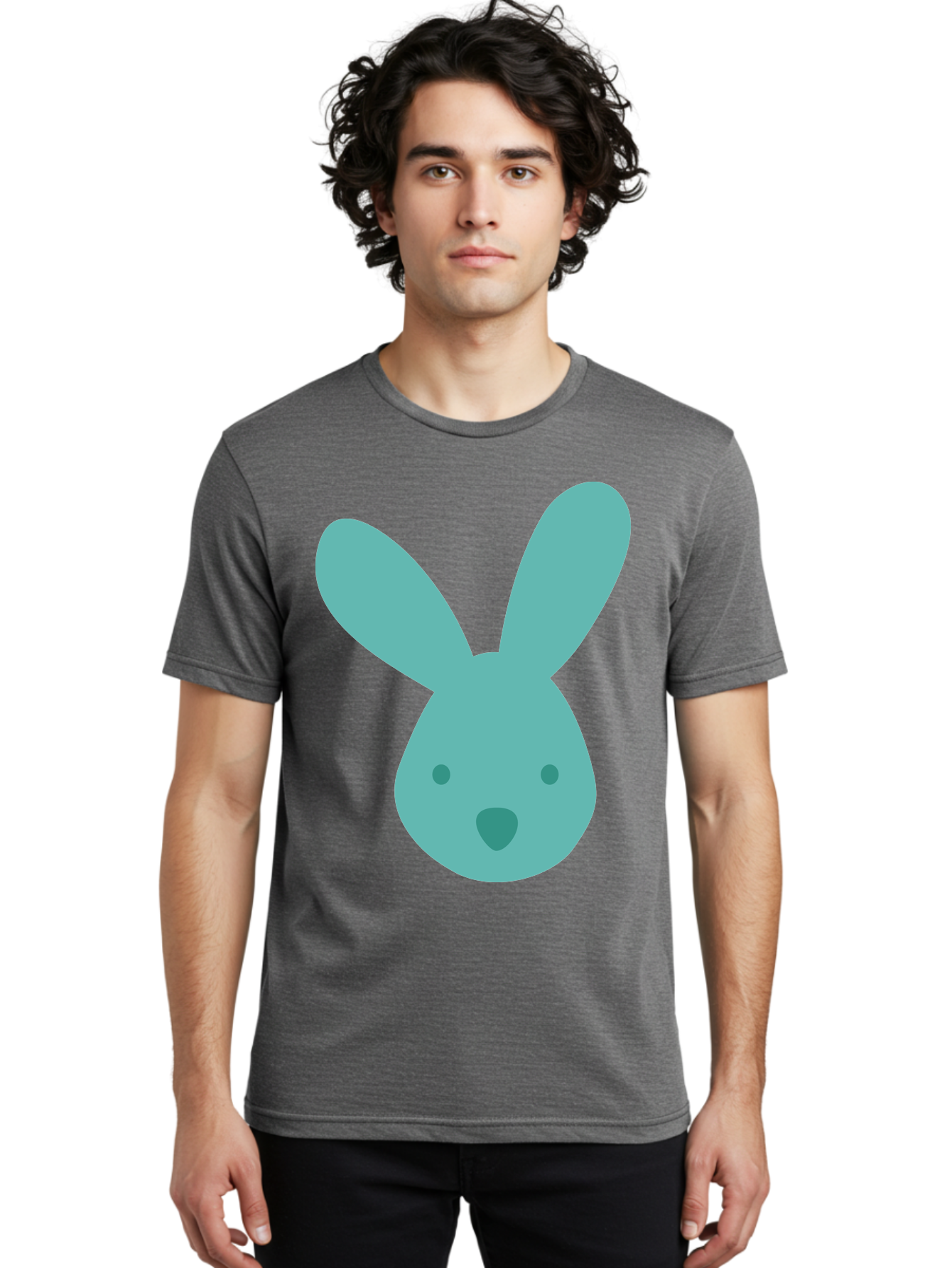 Bunny-Head Men'S Graphic Tee, 100% Cotton, Comfortable Casual Summer Wear, Machine Washable, Cartoon Bunny, Teal Rabbit, Simple Design, Cute Face, Digital Illustration, Easter Theme, Minimalist Art, Pastel Colors Aac550