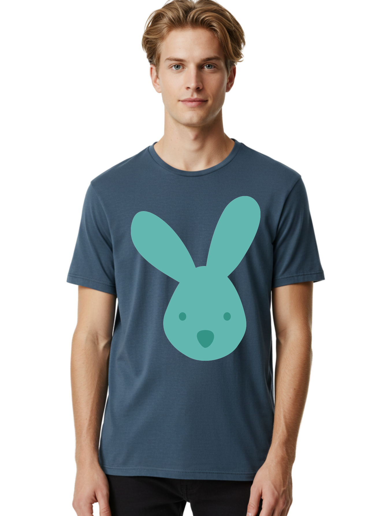 Bunny-Head Men'S Graphic Tee, 100% Cotton, Comfortable Casual Summer Wear, Machine Washable, Cartoon Bunny, Teal Rabbit, Simple Design, Cute Face, Digital Illustration, Easter Theme, Minimalist Art, Pastel Colors Aac550