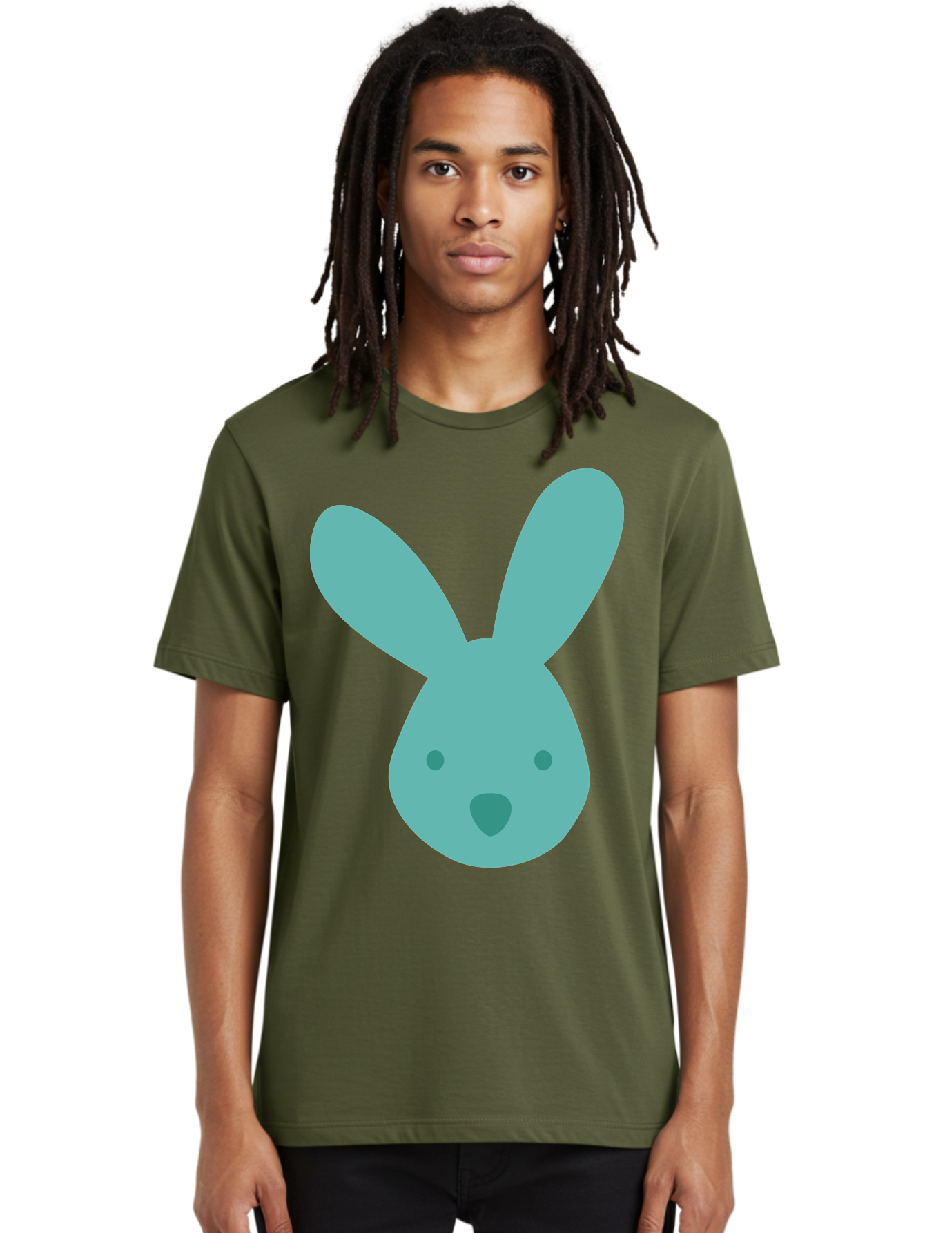 Bunny-Head Men'S Graphic Tee, 100% Cotton, Comfortable Casual Summer Wear, Machine Washable, Cartoon Bunny, Teal Rabbit, Simple Design, Cute Face, Digital Illustration, Easter Theme, Minimalist Art, Pastel Colors Aac550