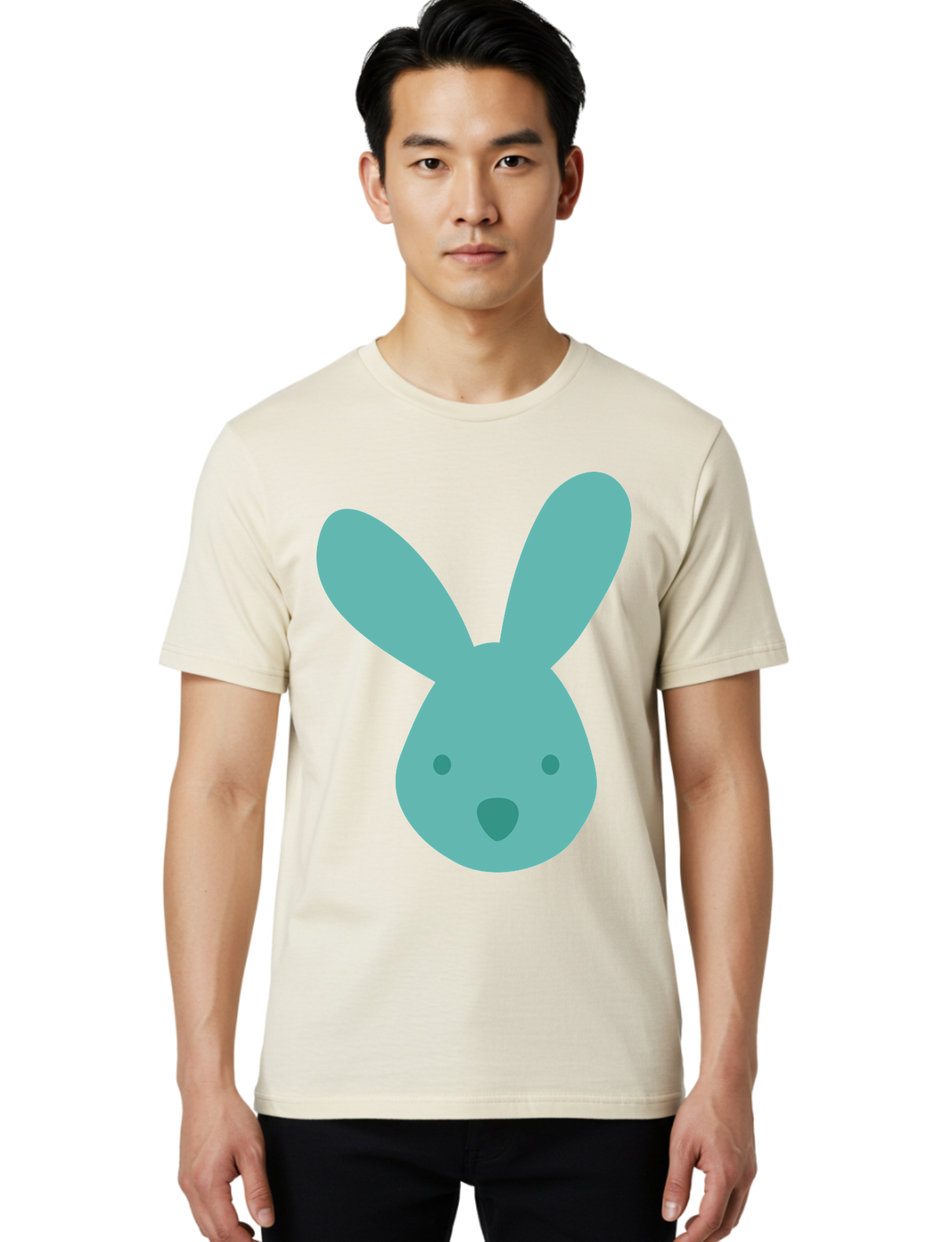 Bunny-Head Men'S Graphic Tee, 100% Cotton, Comfortable Casual Summer Wear, Machine Washable, Cartoon Bunny, Teal Rabbit, Simple Design, Cute Face, Digital Illustration, Easter Theme, Minimalist Art, Pastel Colors Aac550
