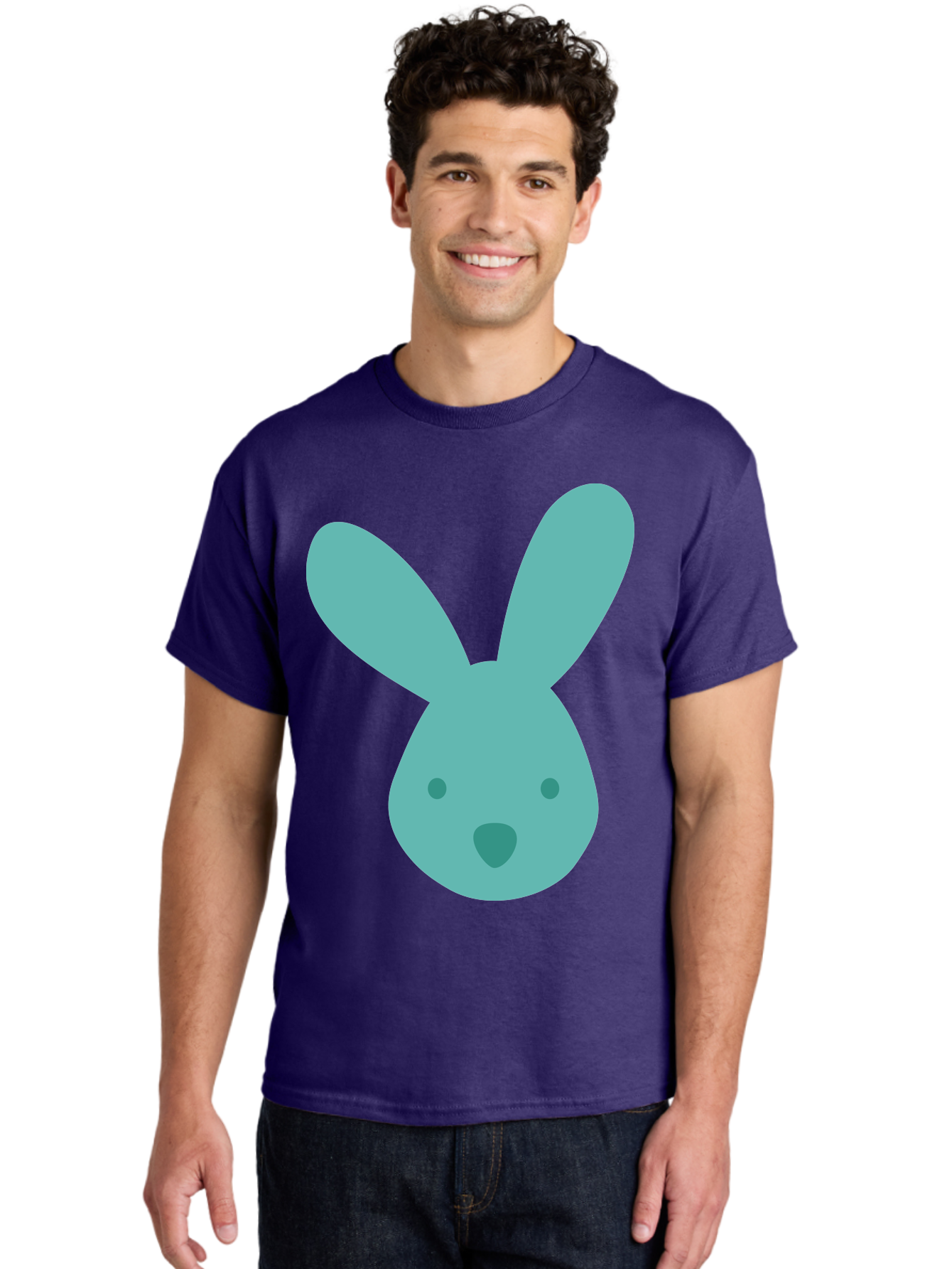 Bunny-Head Men'S Graphic Tee, 100% Cotton, Comfortable Casual Summer Wear, Machine Washable, Cartoon Bunny, Teal Rabbit, Simple Design, Cute Face, Digital Illustration, Easter Theme, Minimalist Art, Pastel Colors Aac550