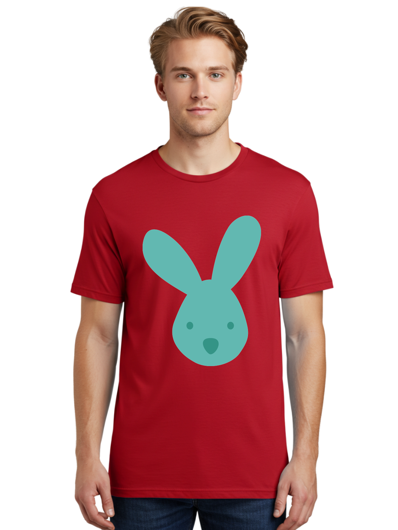 Bunny-Head Men'S Graphic Tee, 100% Cotton, Comfortable Casual Summer Wear, Machine Washable, Cartoon Bunny, Teal Rabbit, Simple Design, Cute Face, Digital Illustration, Easter Theme, Minimalist Art, Pastel Colors Aac550