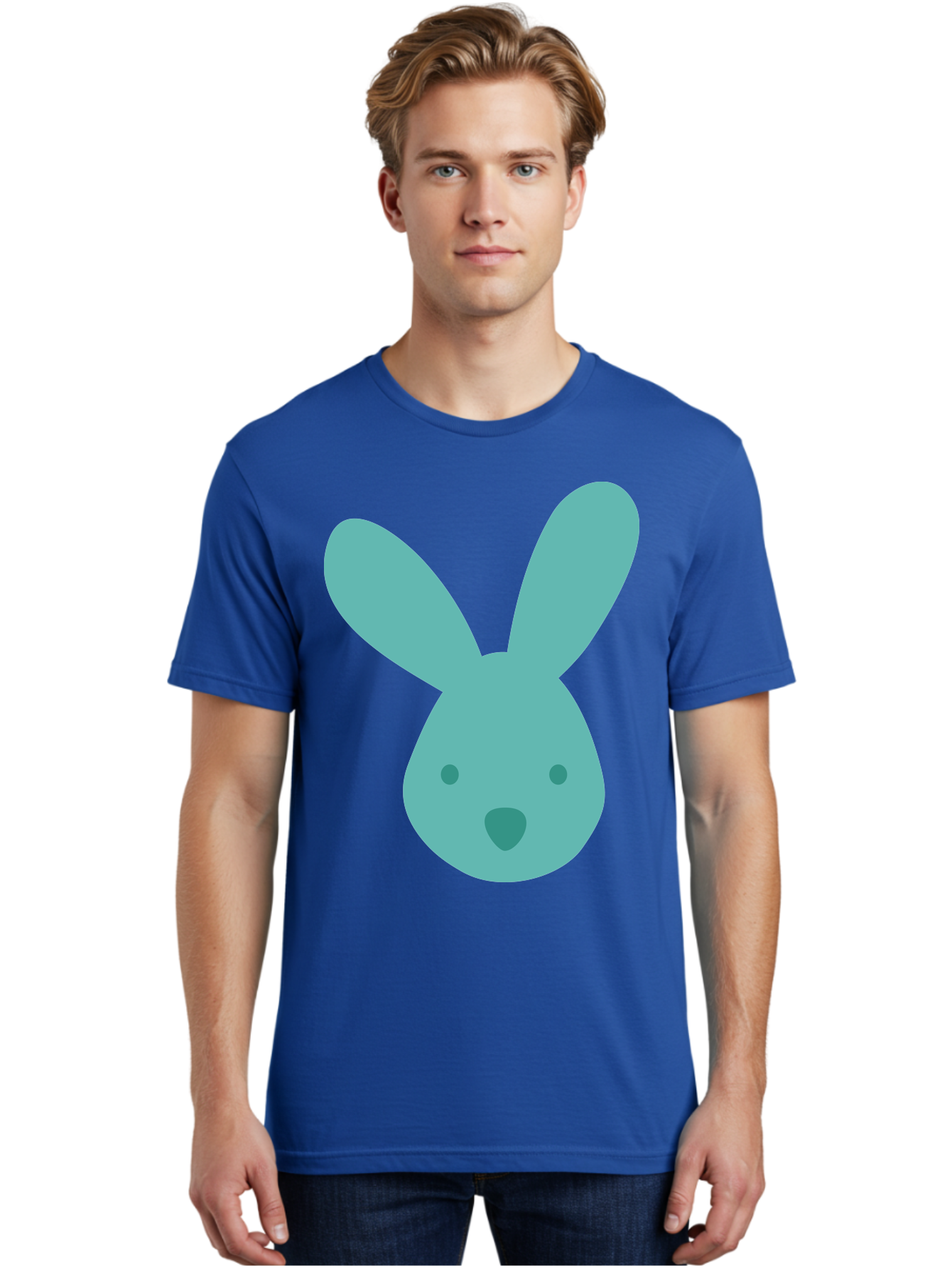 Bunny-Head Men'S Graphic Tee, 100% Cotton, Comfortable Casual Summer Wear, Machine Washable, Cartoon Bunny, Teal Rabbit, Simple Design, Cute Face, Digital Illustration, Easter Theme, Minimalist Art, Pastel Colors Aac550