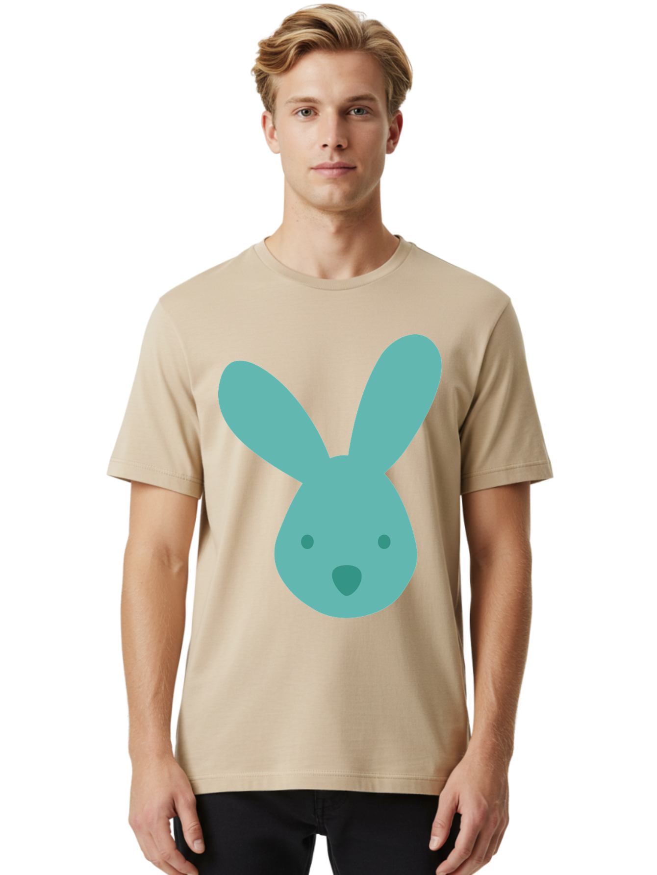 Bunny-Head Men'S Graphic Tee, 100% Cotton, Comfortable Casual Summer Wear, Machine Washable, Cartoon Bunny, Teal Rabbit, Simple Design, Cute Face, Digital Illustration, Easter Theme, Minimalist Art, Pastel Colors Aac550