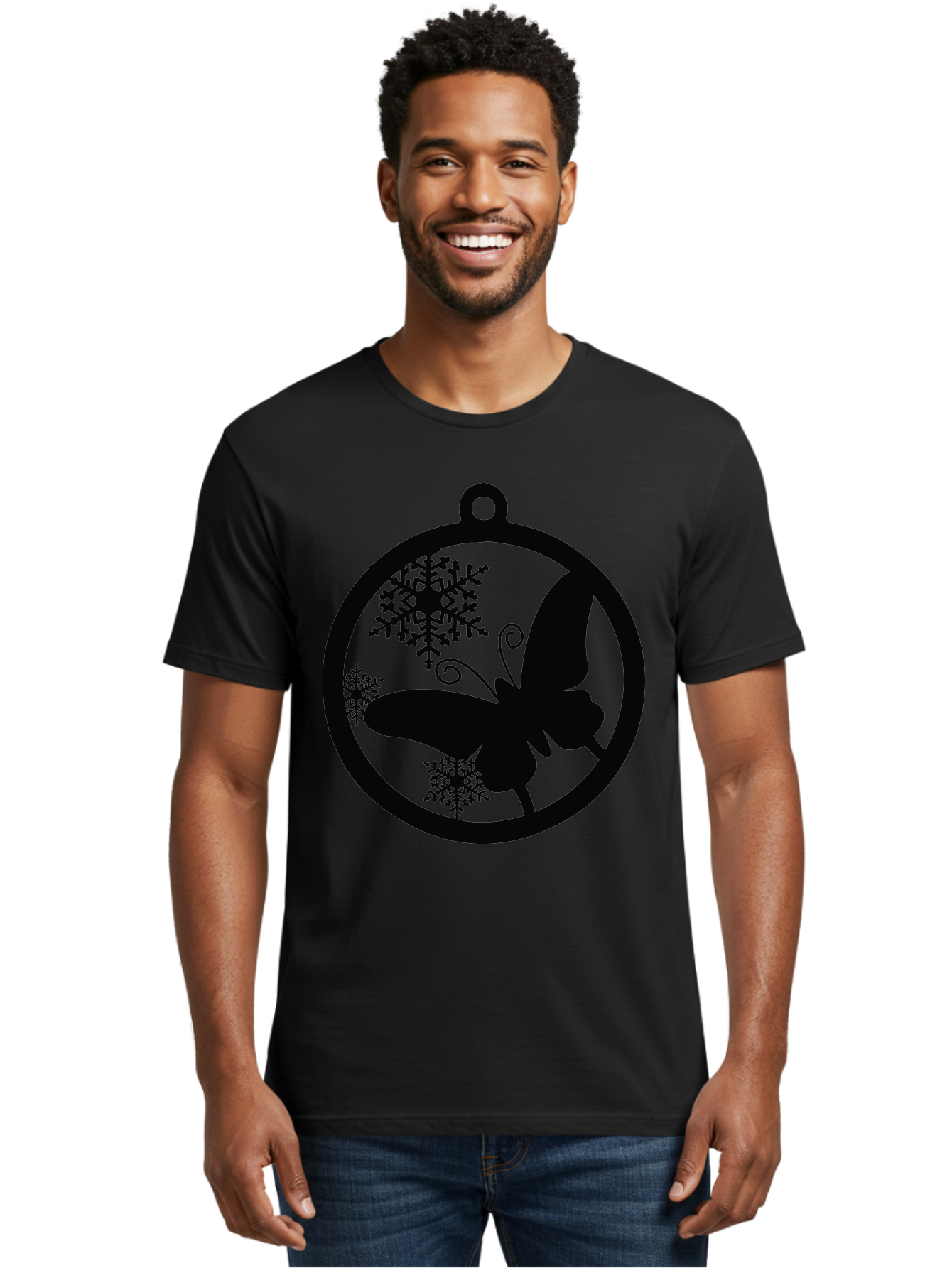 Butterfly-Ornament Men'S Graphic Tee, 100% Cotton, Comfortable Casual Summer Wear, Machine Washable, Butterfly, Snowflakes, Ornament, Winter Decor, Festive Design, Holiday Theme, Delicate Patterns, Intricate Details, Christmas Decoration Aac553