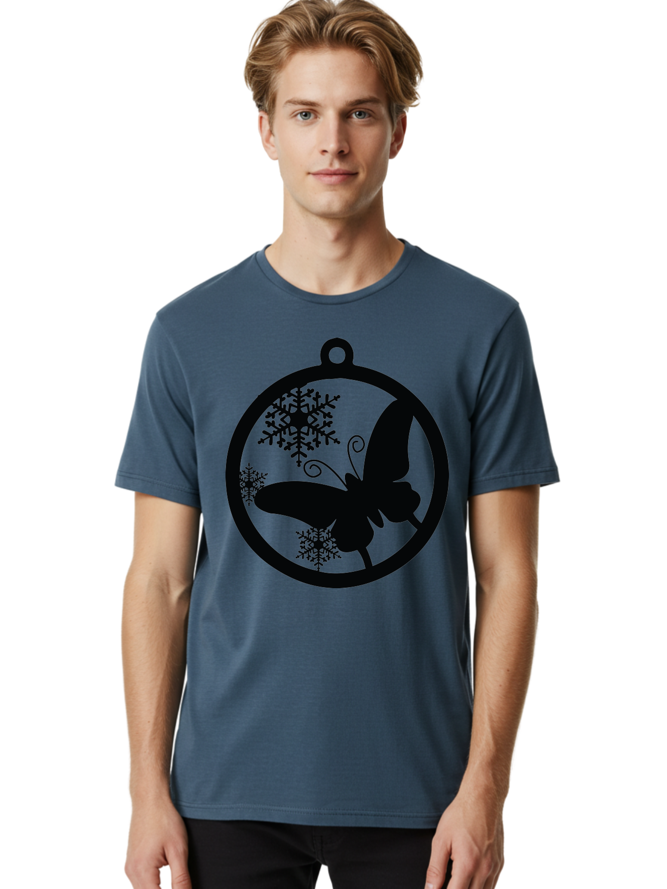 Butterfly-Ornament Men'S Graphic Tee, 100% Cotton, Comfortable Casual Summer Wear, Machine Washable, Butterfly, Snowflakes, Ornament, Winter Decor, Festive Design, Holiday Theme, Delicate Patterns, Intricate Details, Christmas Decoration Aac553