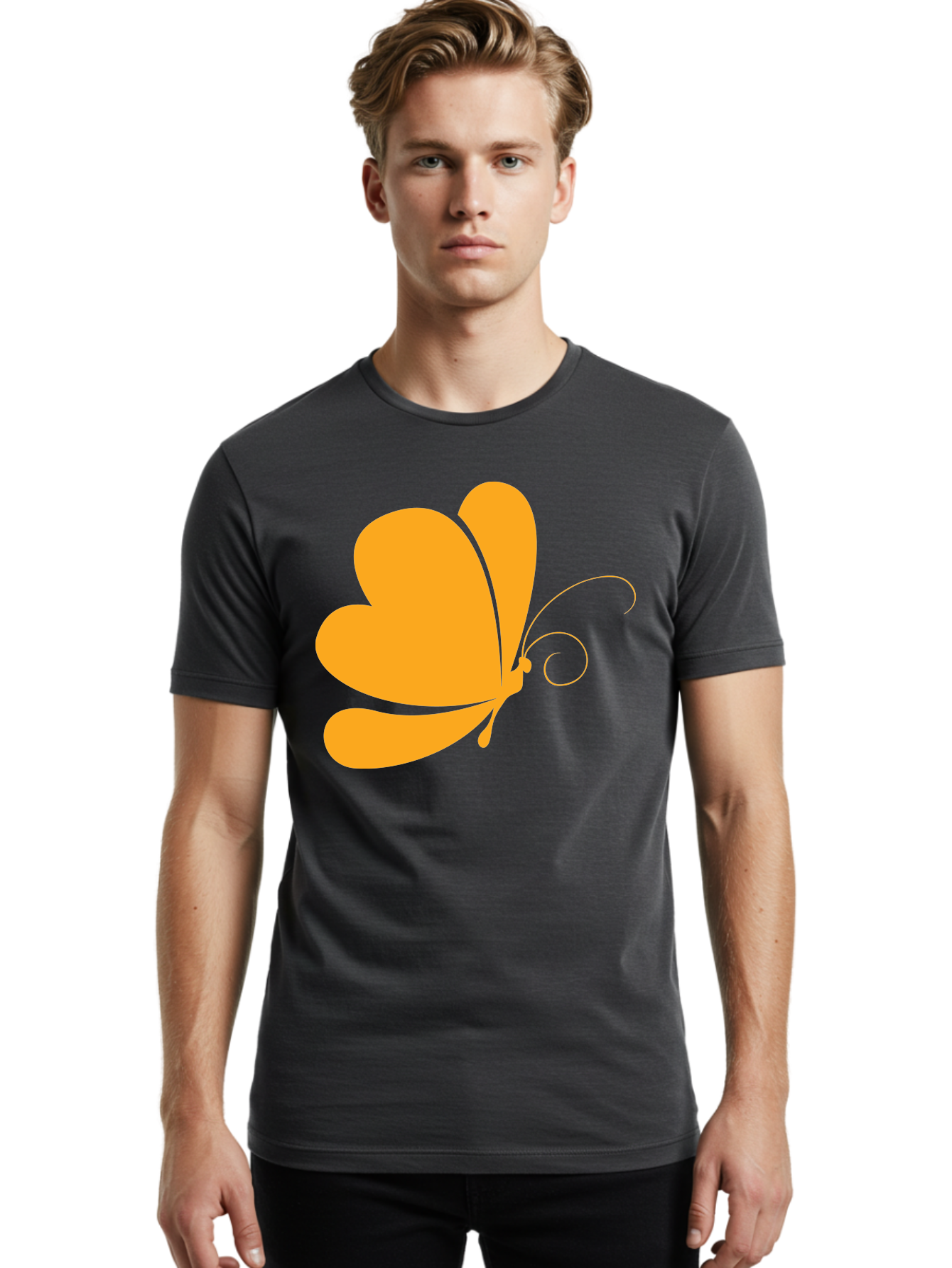 Butterfly Men'S Graphic Tee, 100% Cotton, Comfortable Casual Summer Wear, Machine Washable, Orange Butterfly, Minimalist Design, Stylized Insect, Delicate Features, Orange Silhouette, Butterfly Wings, Simple Shapes, Graphic Illustration, Aac554