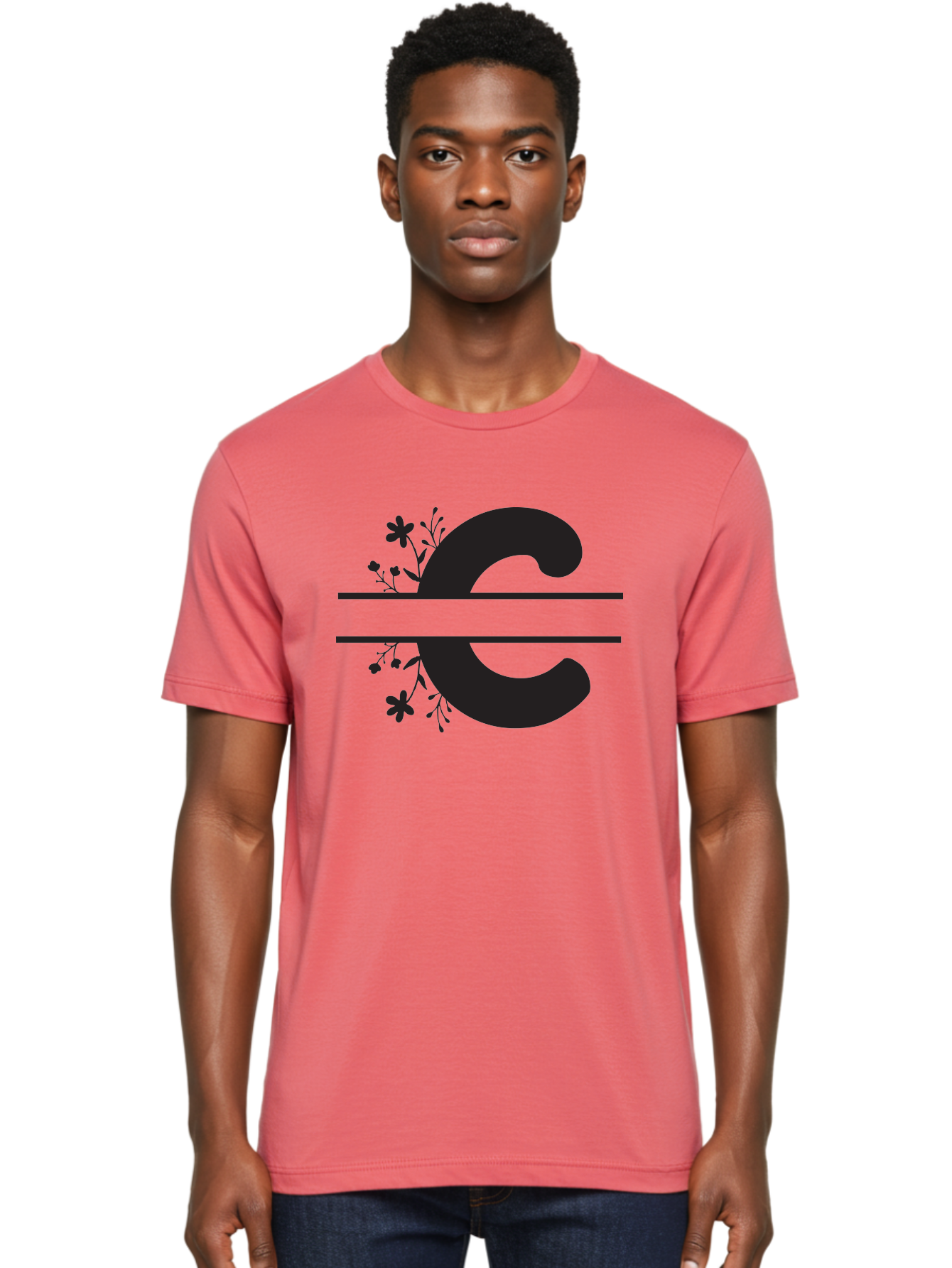 C-1 Men'S Graphic Tee, 100% Cotton, Comfortable Casual Summer Wear, Machine Washable, Black Letter C, Floral Design, Flowers And Foliage, Elegant Typography, Decorative Elements, Simple Yet Sophisticated Aac556
