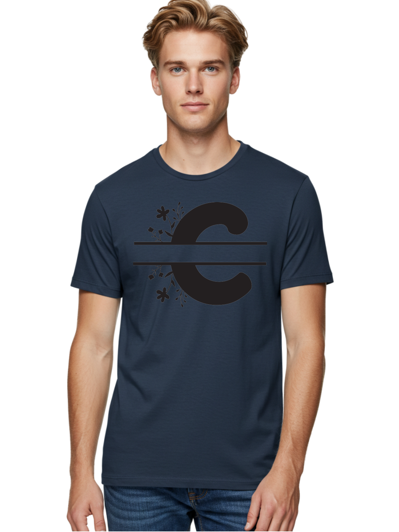 C-1 Men'S Graphic Tee, 100% Cotton, Comfortable Casual Summer Wear, Machine Washable, Black Letter C, Floral Design, Flowers And Foliage, Elegant Typography, Decorative Elements, Simple Yet Sophisticated Aac556