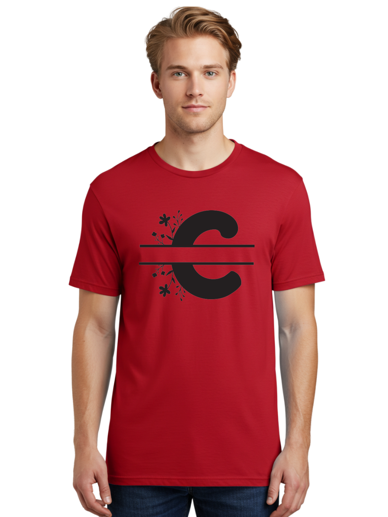 C-1 Men'S Graphic Tee, 100% Cotton, Comfortable Casual Summer Wear, Machine Washable, Black Letter C, Floral Design, Flowers And Foliage, Elegant Typography, Decorative Elements, Simple Yet Sophisticated Aac556