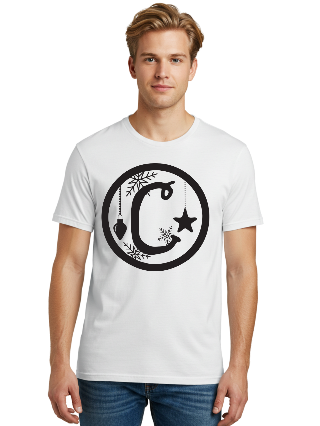 C Men'S Graphic Tee, 100% Cotton, Comfortable Casual Summer Wear, Machine Washable, Christmas Ornaments, Hanging Decorations, Christmas Tree, Festive Season, Holiday Decor, Winter Wonderland, Snowflakes, Christmas Star, Bauble, Christmas Theme Aac557