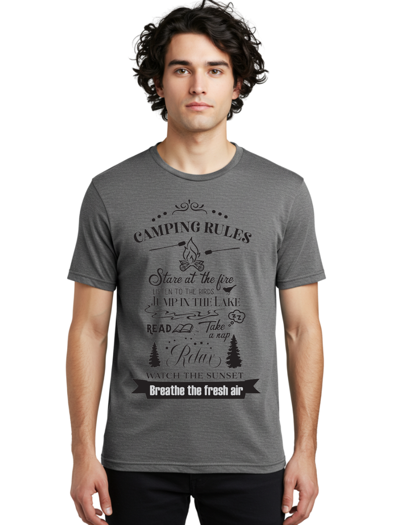 Camping-Rules Men'S Graphic Tee, 100% Cotton, Comfortable Casual Summer Wear, Machine Washable, Camping Rules, Outdoor Activities, Camping Tips, Nature Lovers, Relaxation Techniques, Campfire, Lake, Reading, Napping, Sunset Watching, Fresh Air Aac561