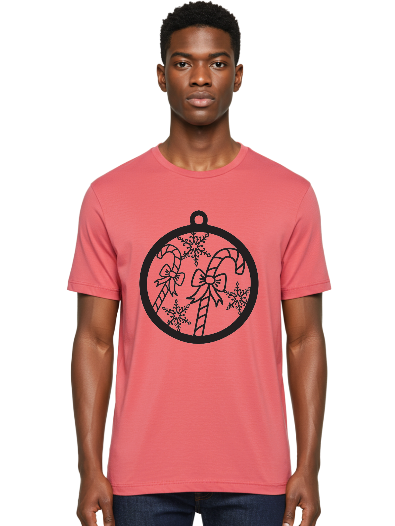 Candy-Canes-Ornament Men'S Graphic Tee, 100% Cotton, Comfortable Casual Summer Wear, Machine Washable, Candy Canes With Bows, Christmas Ornaments, Festive Holiday Decor, Winter Wonderland Theme, Snowflakes, Holiday Cheer, Aac566