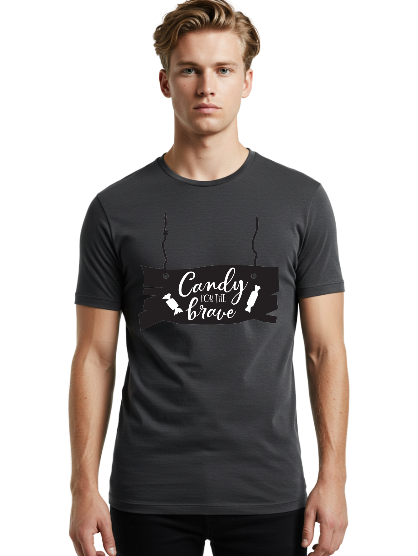 Candy-For-The-Brave Men'S Graphic Tee, 100% Cotton, Comfortable Casual Summer Wear, Machine Washable, Halloween Candy, Trick Or Treat, Spooky Decorations, White Cursive Text, Ghost And Candy Illustration, Black Wooden Sign, Horror Theme, Aac567