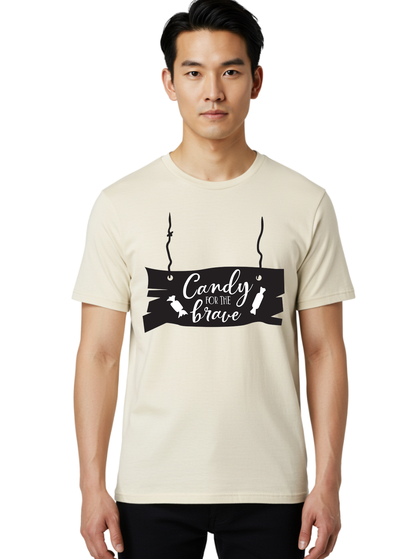 Candy-For-The-Brave Men'S Graphic Tee, 100% Cotton, Comfortable Casual Summer Wear, Machine Washable, Halloween Candy, Trick Or Treat, Spooky Decorations, White Cursive Text, Ghost And Candy Illustration, Black Wooden Sign, Horror Theme, Aac567