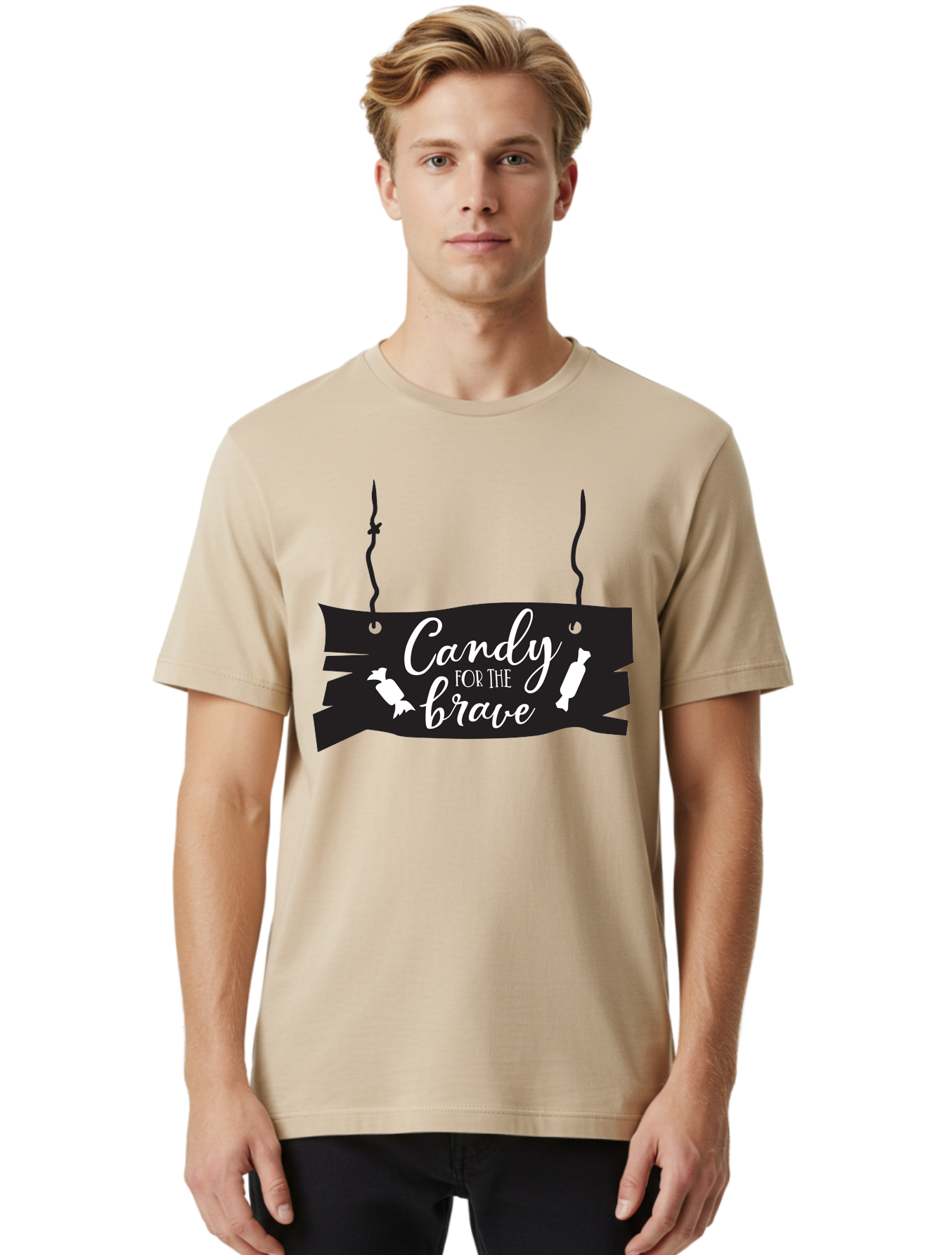 Candy-For-The-Brave Men'S Graphic Tee, 100% Cotton, Comfortable Casual Summer Wear, Machine Washable, Halloween Candy, Trick Or Treat, Spooky Decorations, White Cursive Text, Ghost And Candy Illustration, Black Wooden Sign, Horror Theme, Aac567