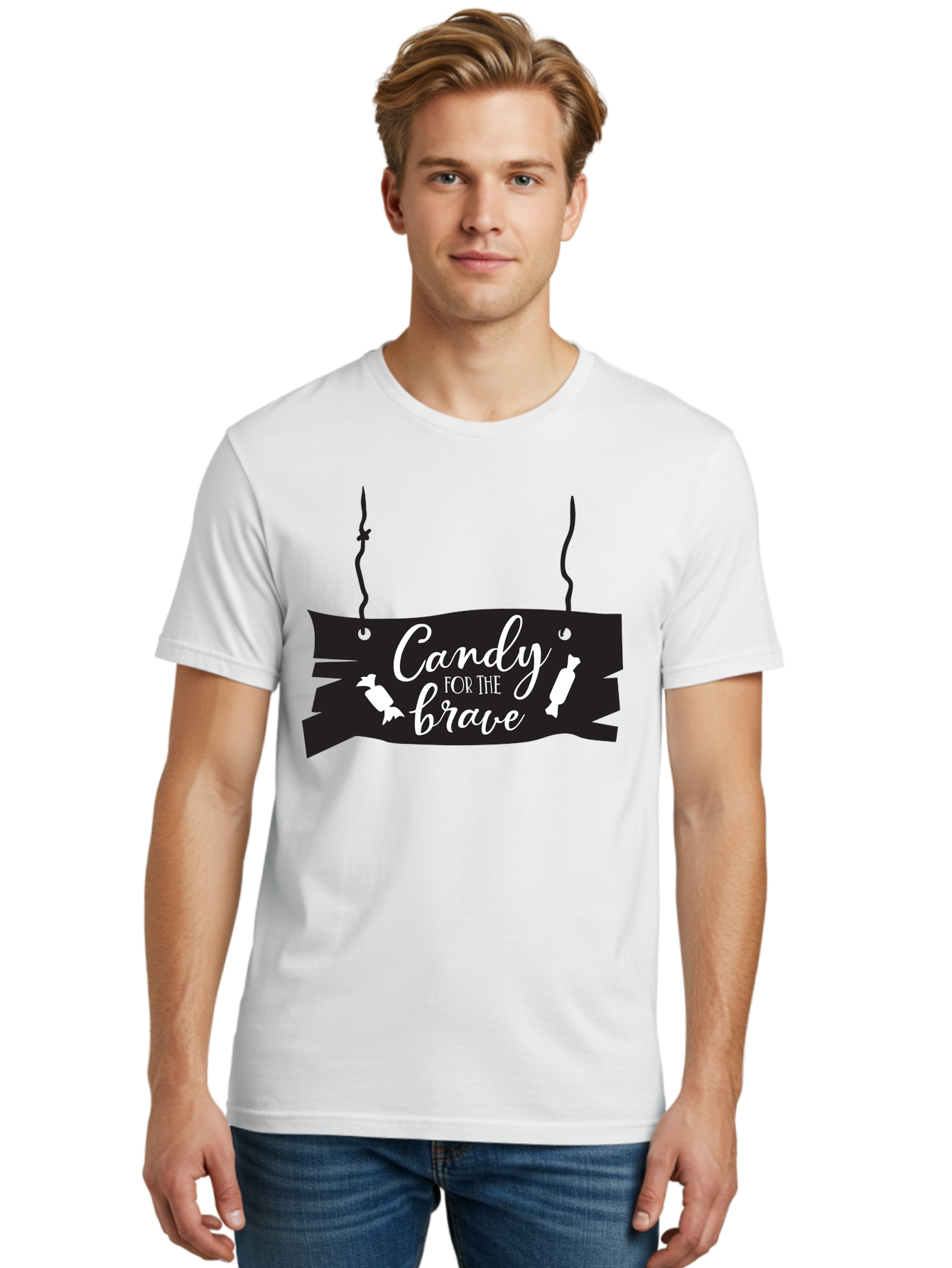 Candy-For-The-Brave Men'S Graphic Tee, 100% Cotton, Comfortable Casual Summer Wear, Machine Washable, Halloween Candy, Trick Or Treat, Spooky Decorations, White Cursive Text, Ghost And Candy Illustration, Black Wooden Sign, Horror Theme, Aac567
