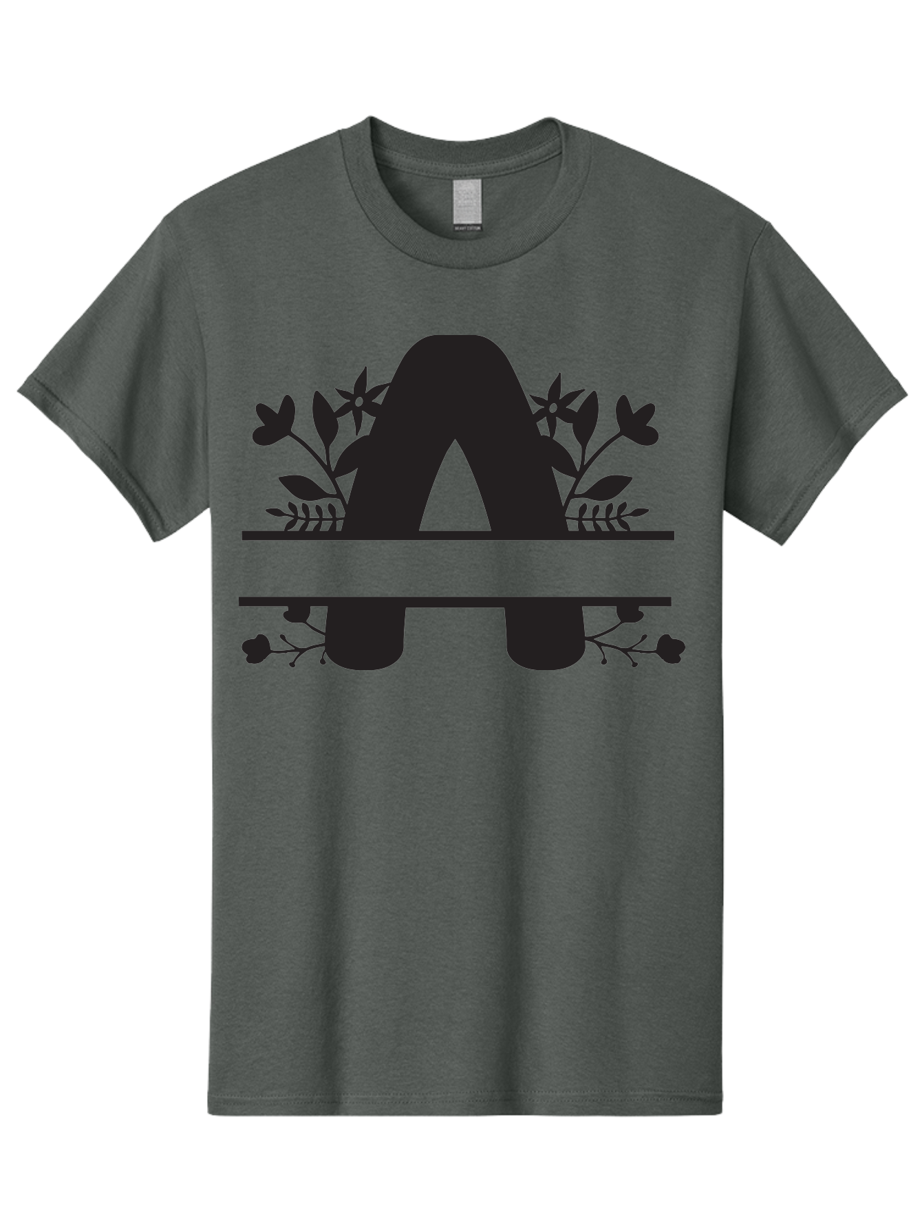 Capital-Letter-A Men'S Graphic Tee, 100% Cotton, Comfortable Casual Summer Wear, Machine Washable, Letter A, Floral Designs, Botanical Elements, Leaves, Flowers, Black Silhouette, Elegant Typography, Decorative Accents, Minimalist Style, Aac568