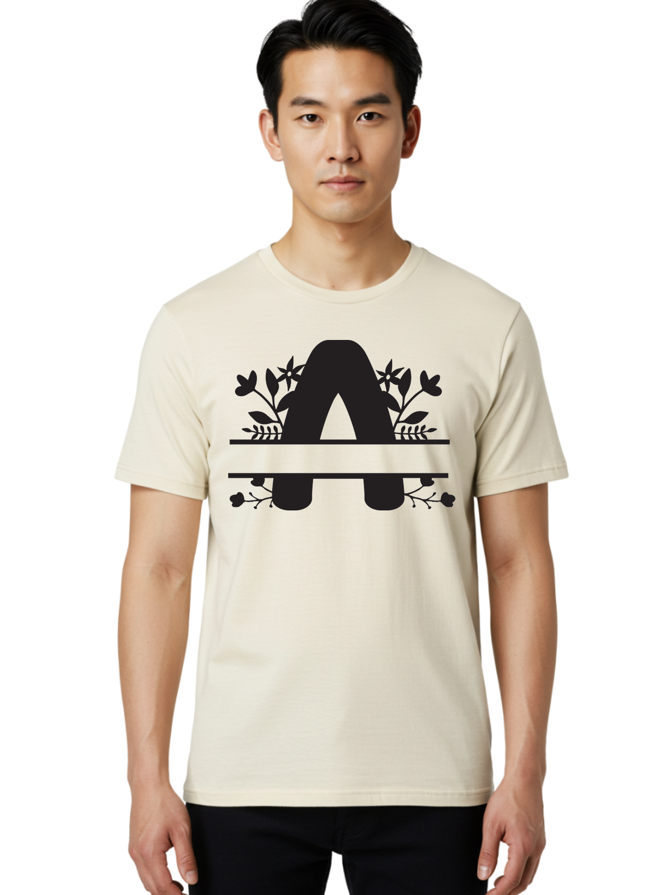 Capital-Letter-A Men'S Graphic Tee, 100% Cotton, Comfortable Casual Summer Wear, Machine Washable, Letter A, Floral Designs, Botanical Elements, Leaves, Flowers, Black Silhouette, Elegant Typography, Decorative Accents, Minimalist Style, Aac568