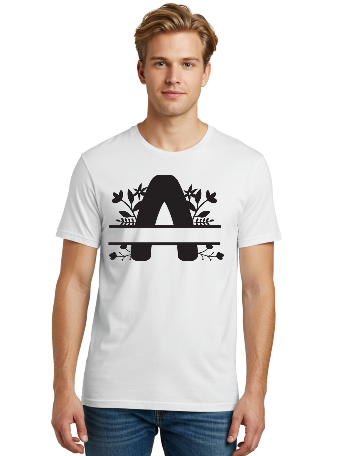 Capital-Letter-A Men'S Graphic Tee, 100% Cotton, Comfortable Casual Summer Wear, Machine Washable, Letter A, Floral Designs, Botanical Elements, Leaves, Flowers, Black Silhouette, Elegant Typography, Decorative Accents, Minimalist Style, Aac568