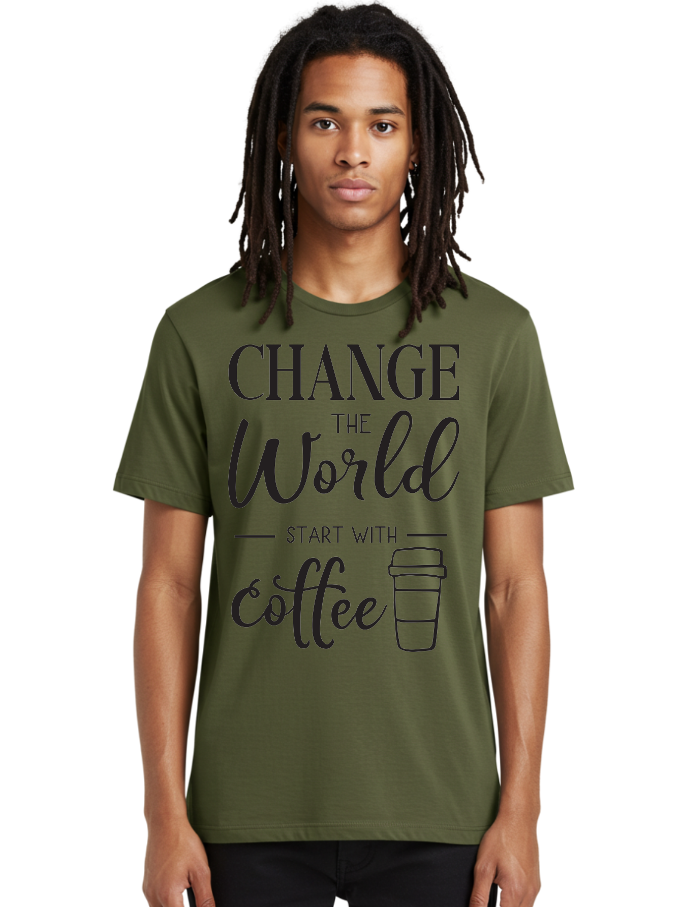 Change-The-World-Start-With-Coffee Men'S Graphic Tee, 100% Cotton, Comfortable Casual Summer Wear, Machine Washable, Coffee Quote, Inspirational Quote, Change The World, Morning Motivation, Coffee Love, Coffee Culture, Drink Coffee Aac572