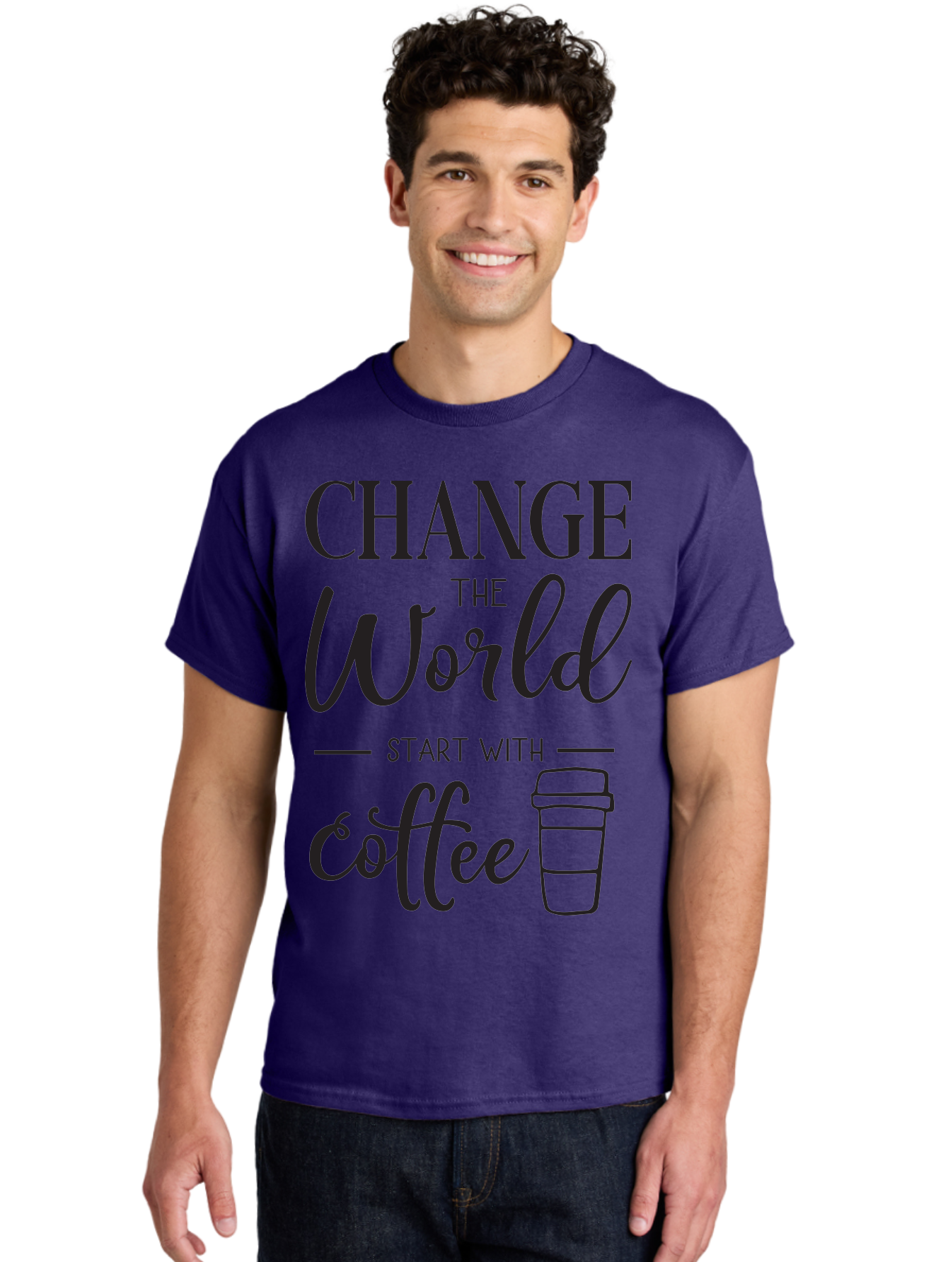 Change-The-World-Start-With-Coffee Men'S Graphic Tee, 100% Cotton, Comfortable Casual Summer Wear, Machine Washable, Coffee Quote, Inspirational Quote, Change The World, Morning Motivation, Coffee Love, Coffee Culture, Drink Coffee Aac572