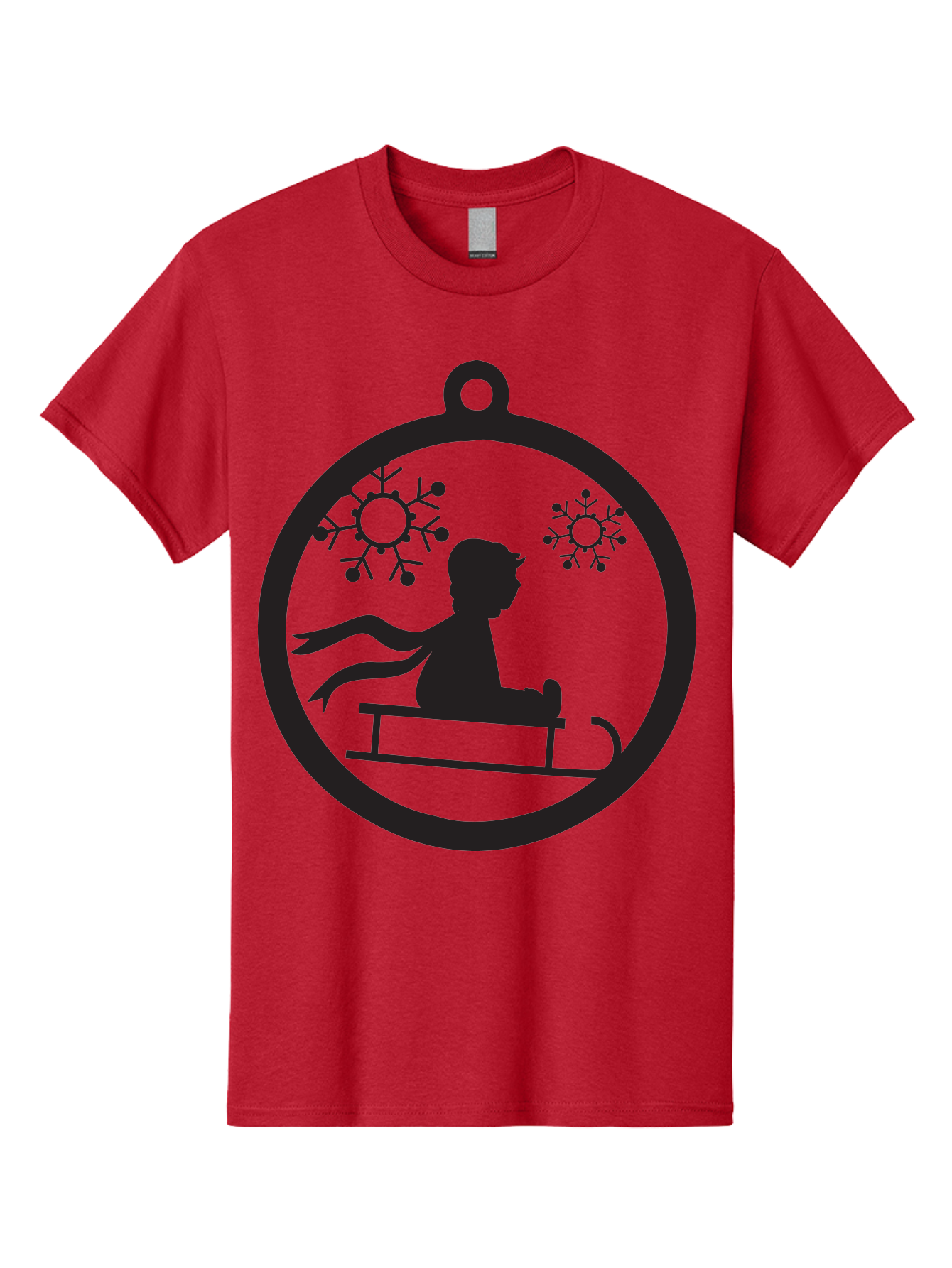 Child-On-Sled Men'S Graphic Tee, 100% Cotton, Comfortable Casual Summer Wear, Machine Washable, Child On Sled, Winter Fun, Snowflake Decorations, Festive Ornaments, Holiday Cheer, Black Silhouette, Christmas Theme, Winter Scenery Aac574