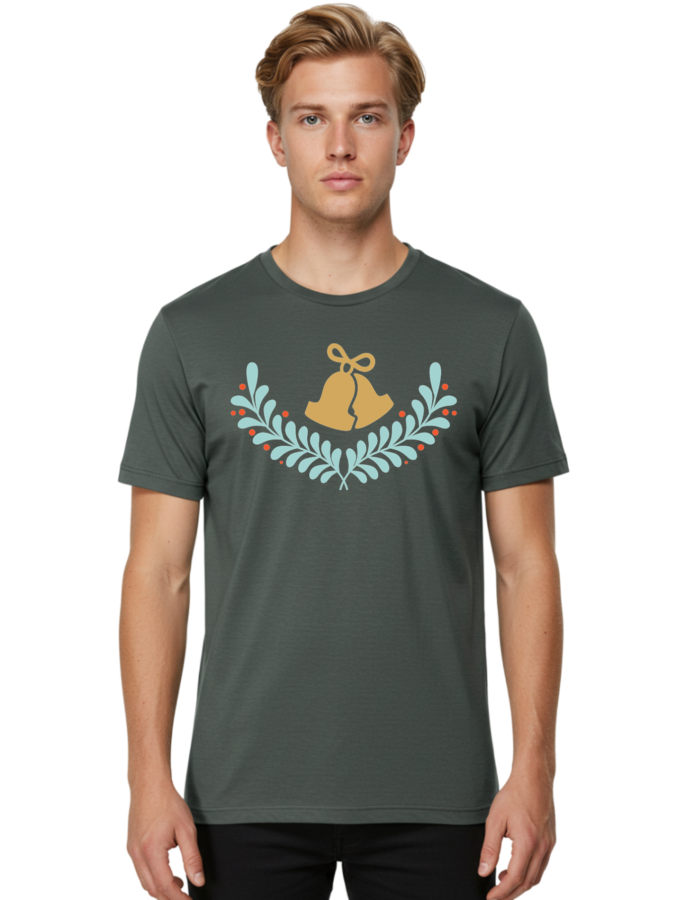 Christmas-Bells Men'S Graphic Tee, 100% Cotton, Comfortable Casual Summer Wear, Machine Washable, Christmas Bells, Holly Leaves, Festive Decorations, Holiday Symbols, Christmas Ornaments, Golden Bells, Red Berries Aac578