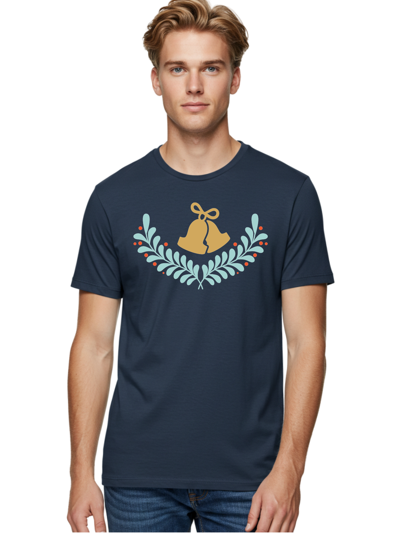 Christmas-Bells Men'S Graphic Tee, 100% Cotton, Comfortable Casual Summer Wear, Machine Washable, Christmas Bells, Holly Leaves, Festive Decorations, Holiday Symbols, Christmas Ornaments, Golden Bells, Red Berries Aac578