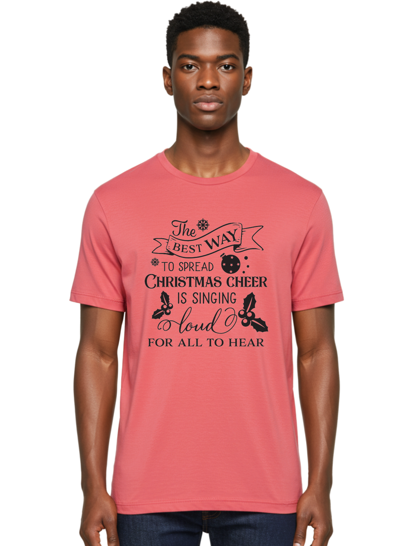 Christmas-Cheer-Quote Men'S Graphic Tee, 100% Cotton, Comfortable Casual Summer Wear, Machine Washable, Christmas Quote, Holiday Cheer, Festive Decor, Black Typography, Christmas Ornament, Holly Leaves, Banner Design, Joyful Message, Aac579