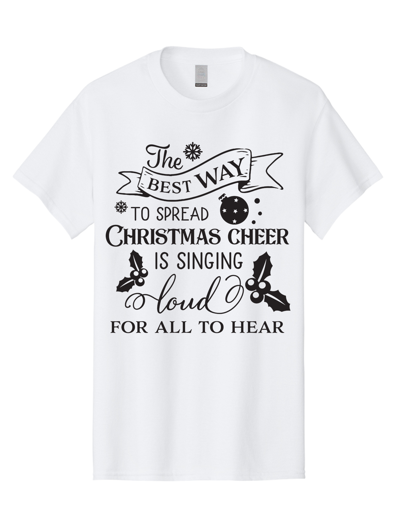 Christmas-Cheer-Quote Men'S Graphic Tee, 100% Cotton, Comfortable Casual Summer Wear, Machine Washable, Christmas Quote, Holiday Cheer, Festive Decor, Black Typography, Christmas Ornament, Holly Leaves, Banner Design, Joyful Message, Aac579