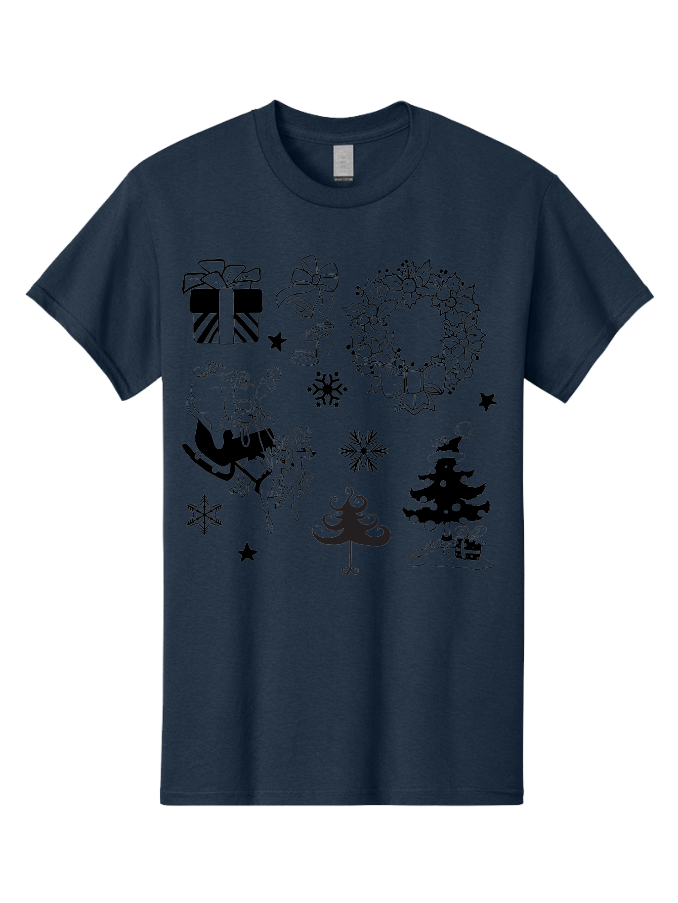 Christmas-Elements Men'S Graphic Tee, 100% Cotton, Comfortable Casual Summer Wear, Machine Washable, Santa Claus, Reindeer, Christmas Tree, Wreath, Gifts, Bows, Snowflakes, Stars, Festive Decorations, Holiday Graphics, Christmas Illustrations, Aac580