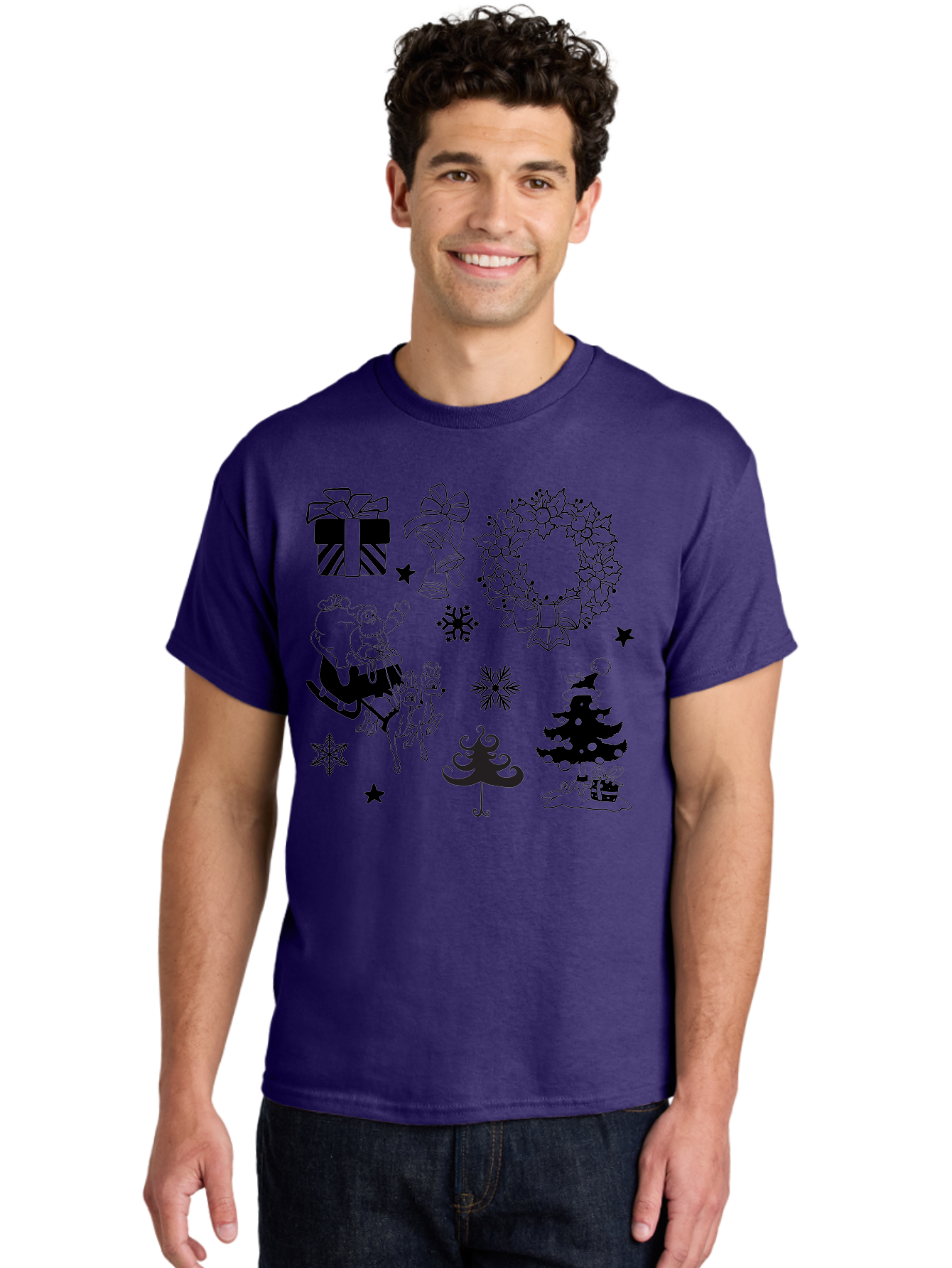 Christmas-Elements Men'S Graphic Tee, 100% Cotton, Comfortable Casual Summer Wear, Machine Washable, Santa Claus, Reindeer, Christmas Tree, Wreath, Gifts, Bows, Snowflakes, Stars, Festive Decorations, Holiday Graphics, Christmas Illustrations, Aac580