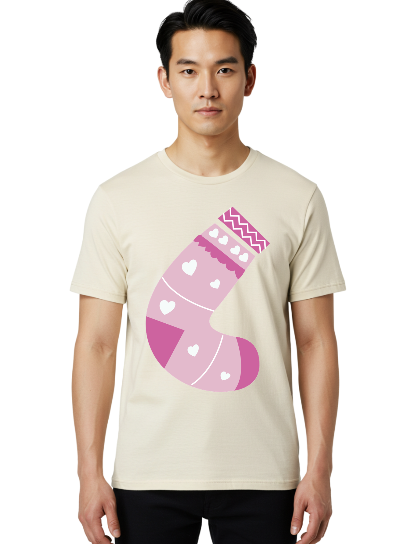 Christmas-Stocking-2 Men'S Graphic Tee, 100% Cotton, Comfortable Casual Summer Wear, Machine Washable, Christmas Stocking, Pink And White Colors, Heart Patterns, Festive Design, Holiday Decor, Christmas Theme, Seasonal Illustration Aac586