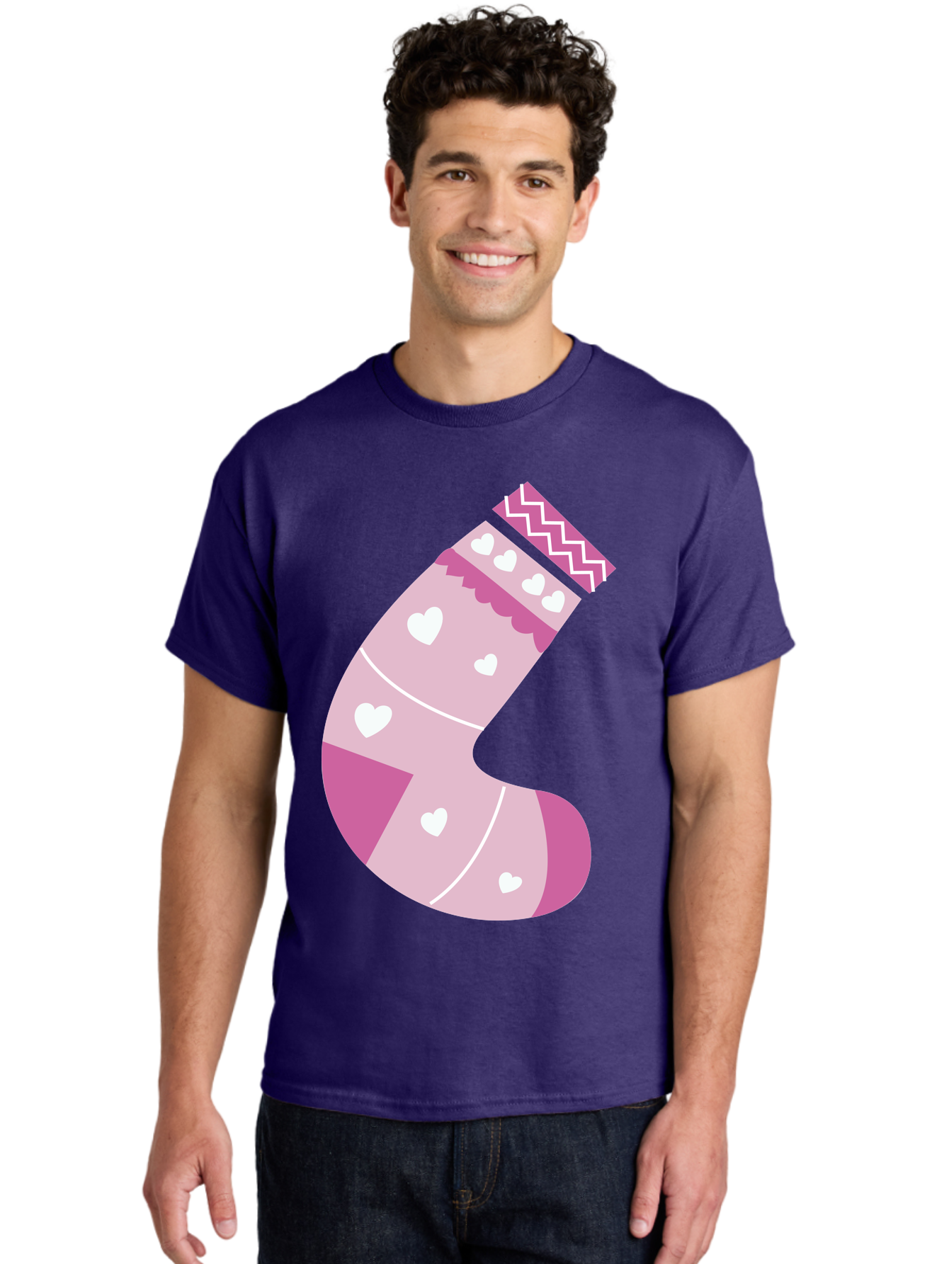 Christmas-Stocking-2 Men'S Graphic Tee, 100% Cotton, Comfortable Casual Summer Wear, Machine Washable, Christmas Stocking, Pink And White Colors, Heart Patterns, Festive Design, Holiday Decor, Christmas Theme, Seasonal Illustration Aac586