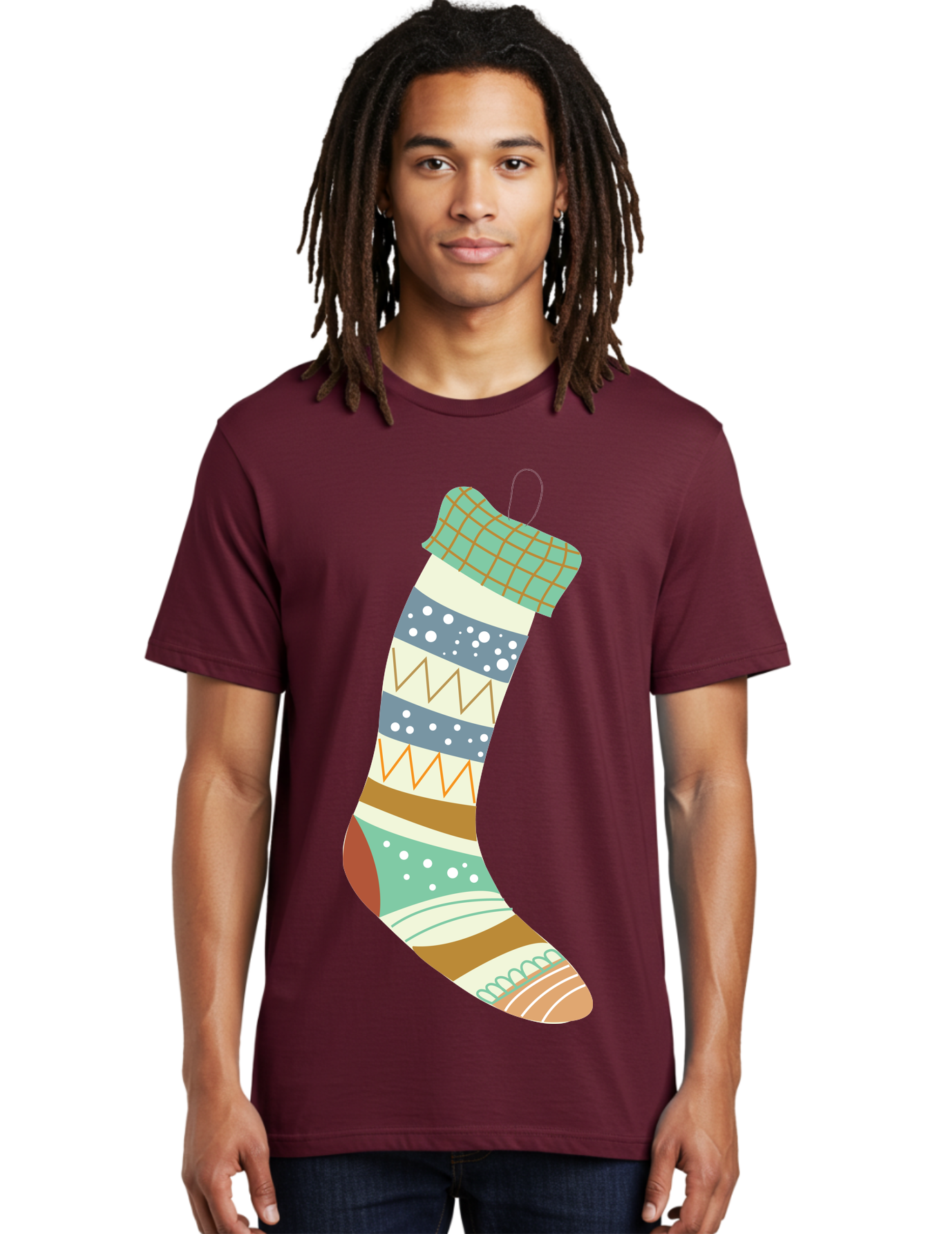 Christmas-Stocking Men'S Graphic Tee, 100% Cotton, Comfortable Casual Summer Wear, Machine Washable, Christmas Stocking, Holiday Decor, Festive Patterns, Stripes, Polka Dots, Chevron Design, Hanging Ornament, Seasonal Decoration, Aac587