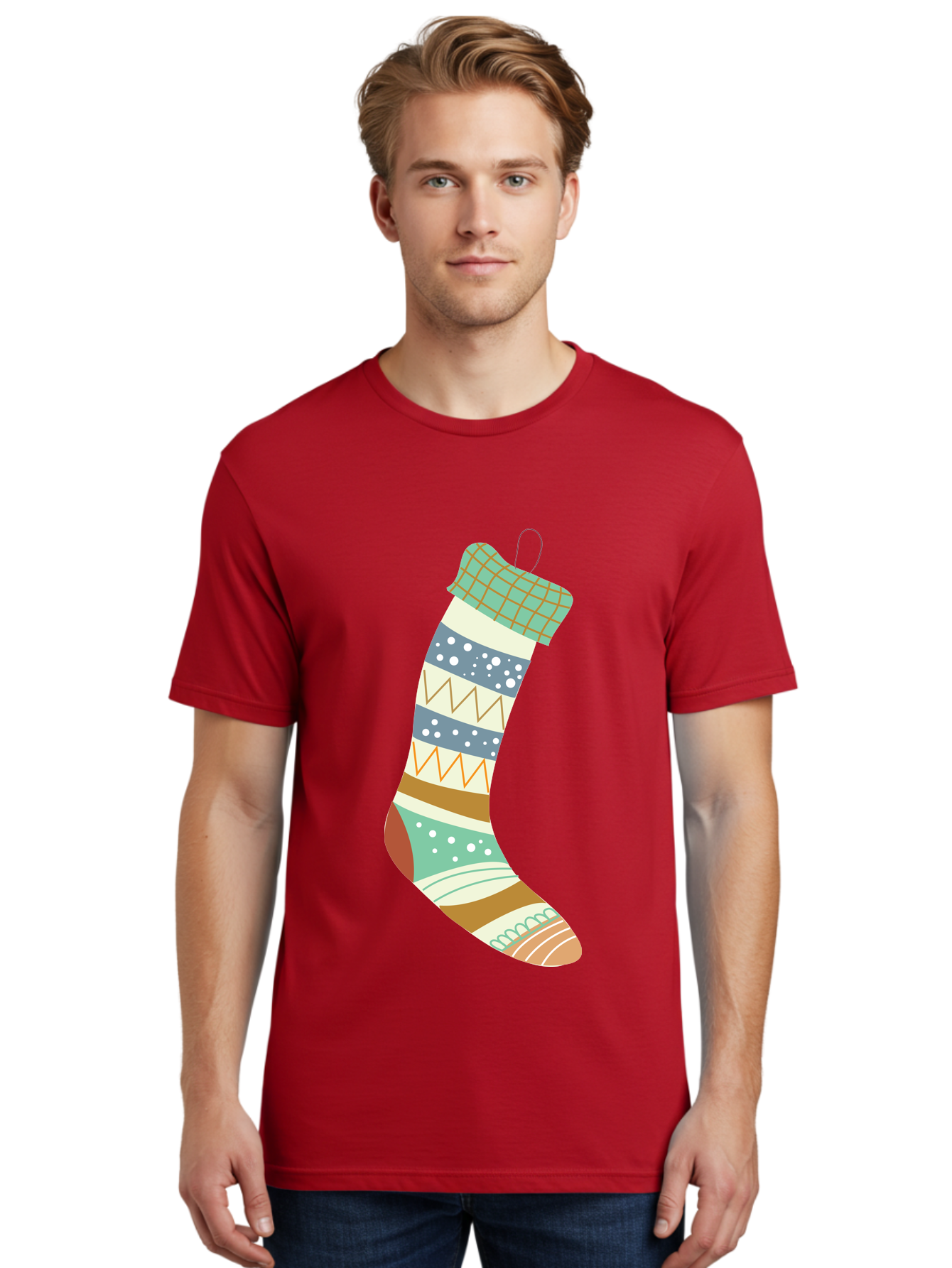 Christmas-Stocking Men'S Graphic Tee, 100% Cotton, Comfortable Casual Summer Wear, Machine Washable, Christmas Stocking, Holiday Decor, Festive Patterns, Stripes, Polka Dots, Chevron Design, Hanging Ornament, Seasonal Decoration, Aac587