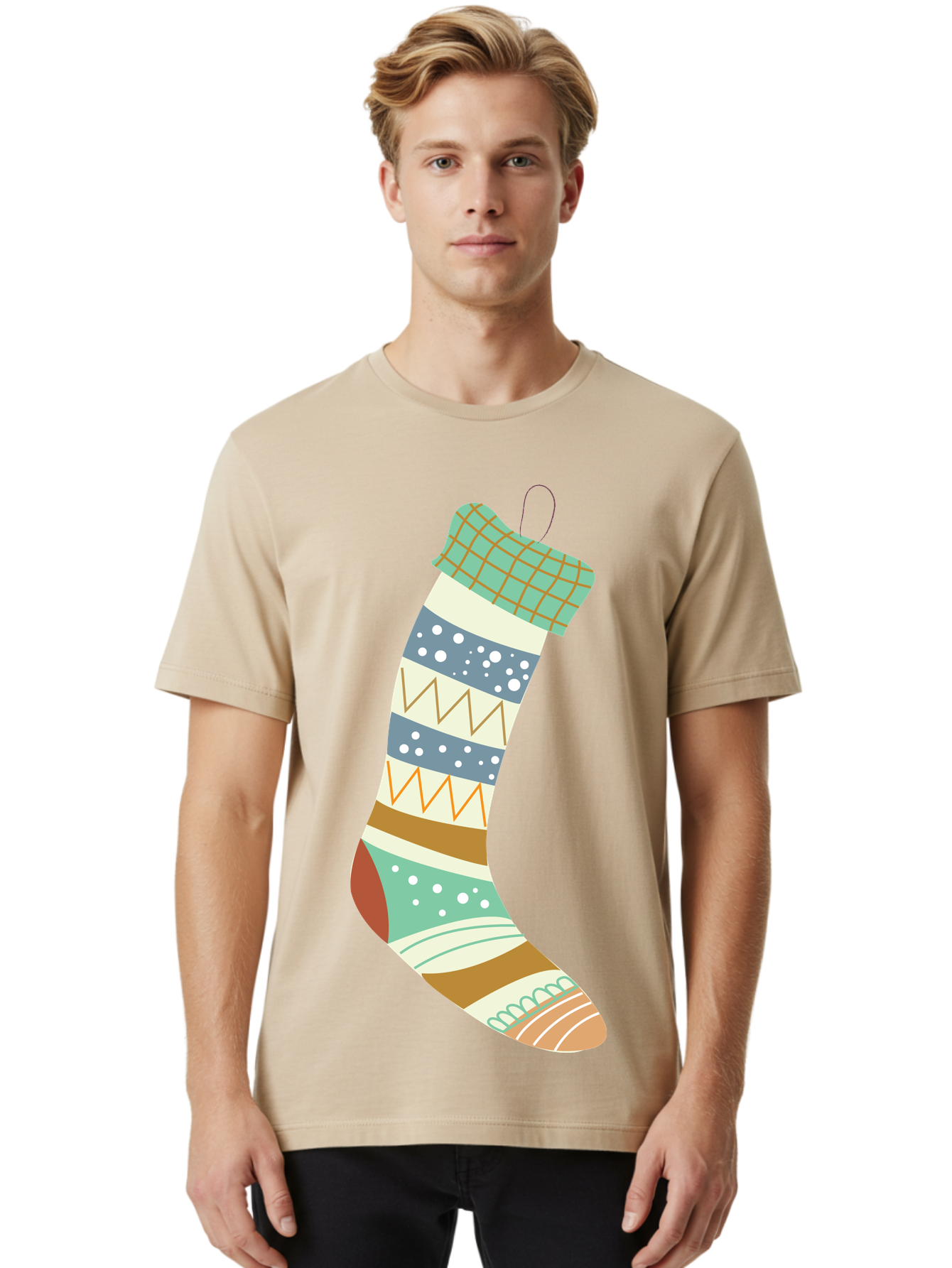 Christmas-Stocking Men'S Graphic Tee, 100% Cotton, Comfortable Casual Summer Wear, Machine Washable, Christmas Stocking, Holiday Decor, Festive Patterns, Stripes, Polka Dots, Chevron Design, Hanging Ornament, Seasonal Decoration, Aac587