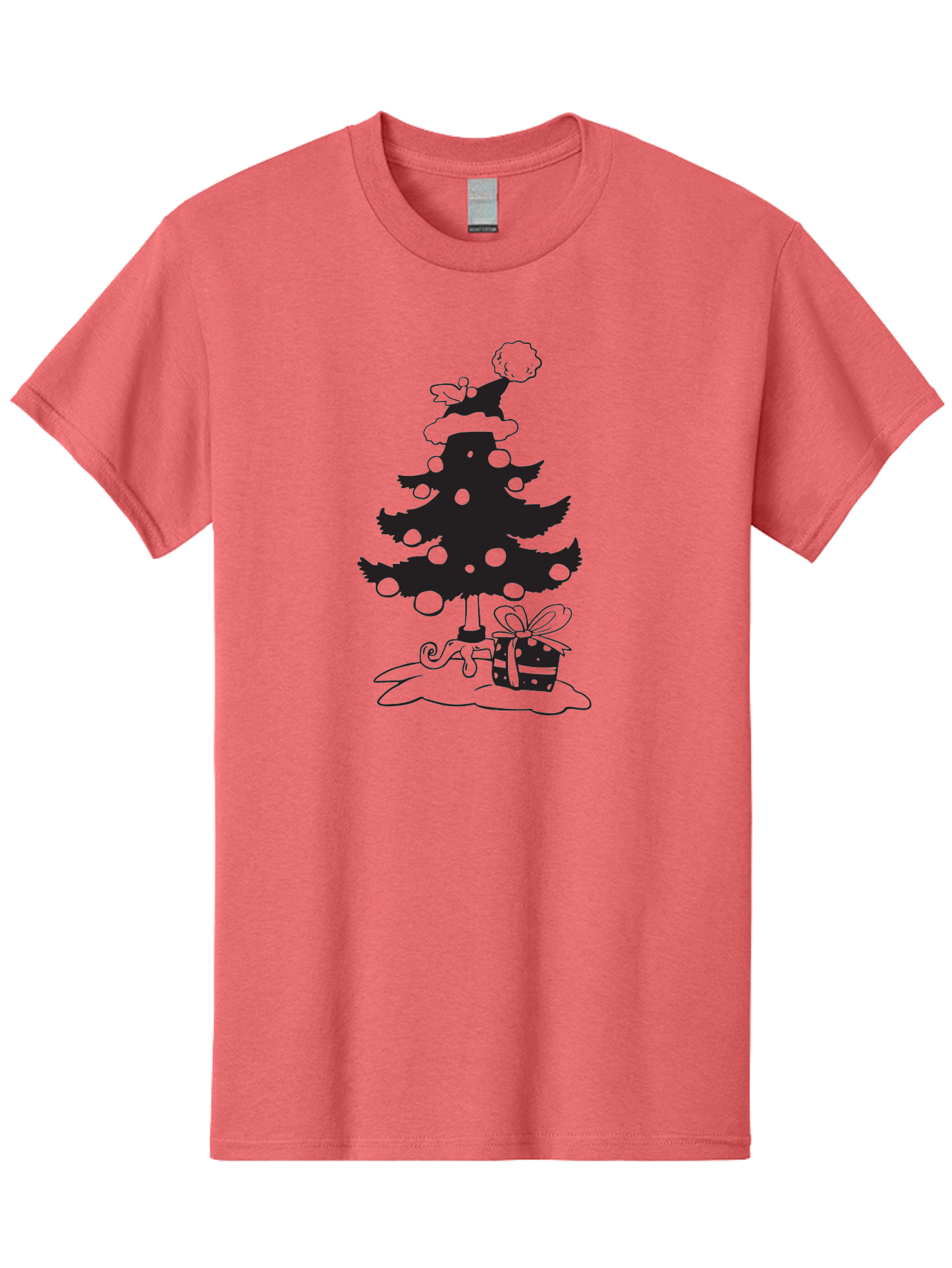 Christmas-Tree-1 Men'S Graphic Tee, 100% Cotton, Comfortable Casual Summer Wear, Machine Washable, Christmas Tree Silhouette, Decorated Tree, Angel On Top, Christmas Ornaments, Gift Box, Ribbon, Festive, Holiday, Christmas Decoration, Aac588