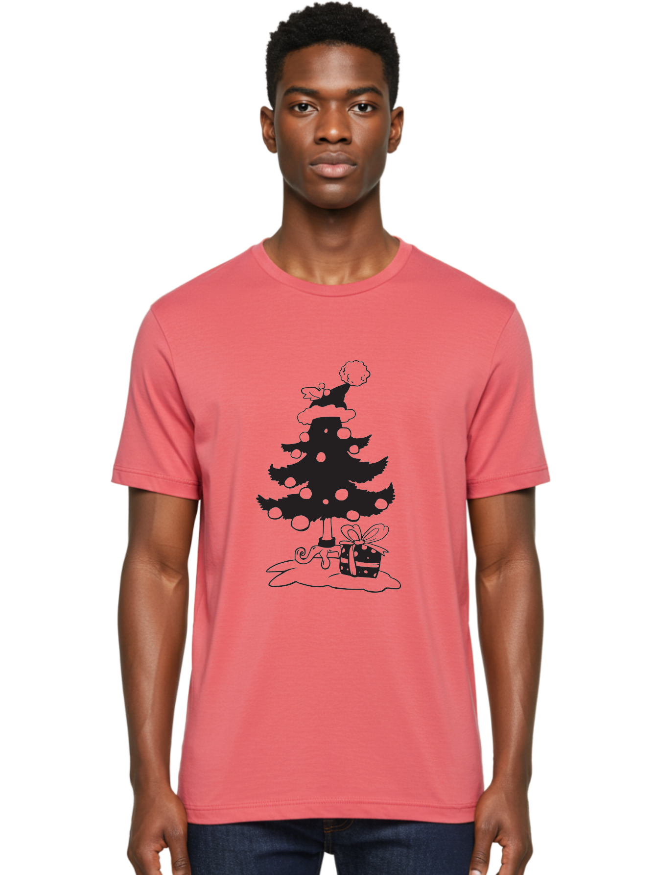 Christmas-Tree-1 Men'S Graphic Tee, 100% Cotton, Comfortable Casual Summer Wear, Machine Washable, Christmas Tree Silhouette, Decorated Tree, Angel On Top, Christmas Ornaments, Gift Box, Ribbon, Festive, Holiday, Christmas Decoration, Aac588