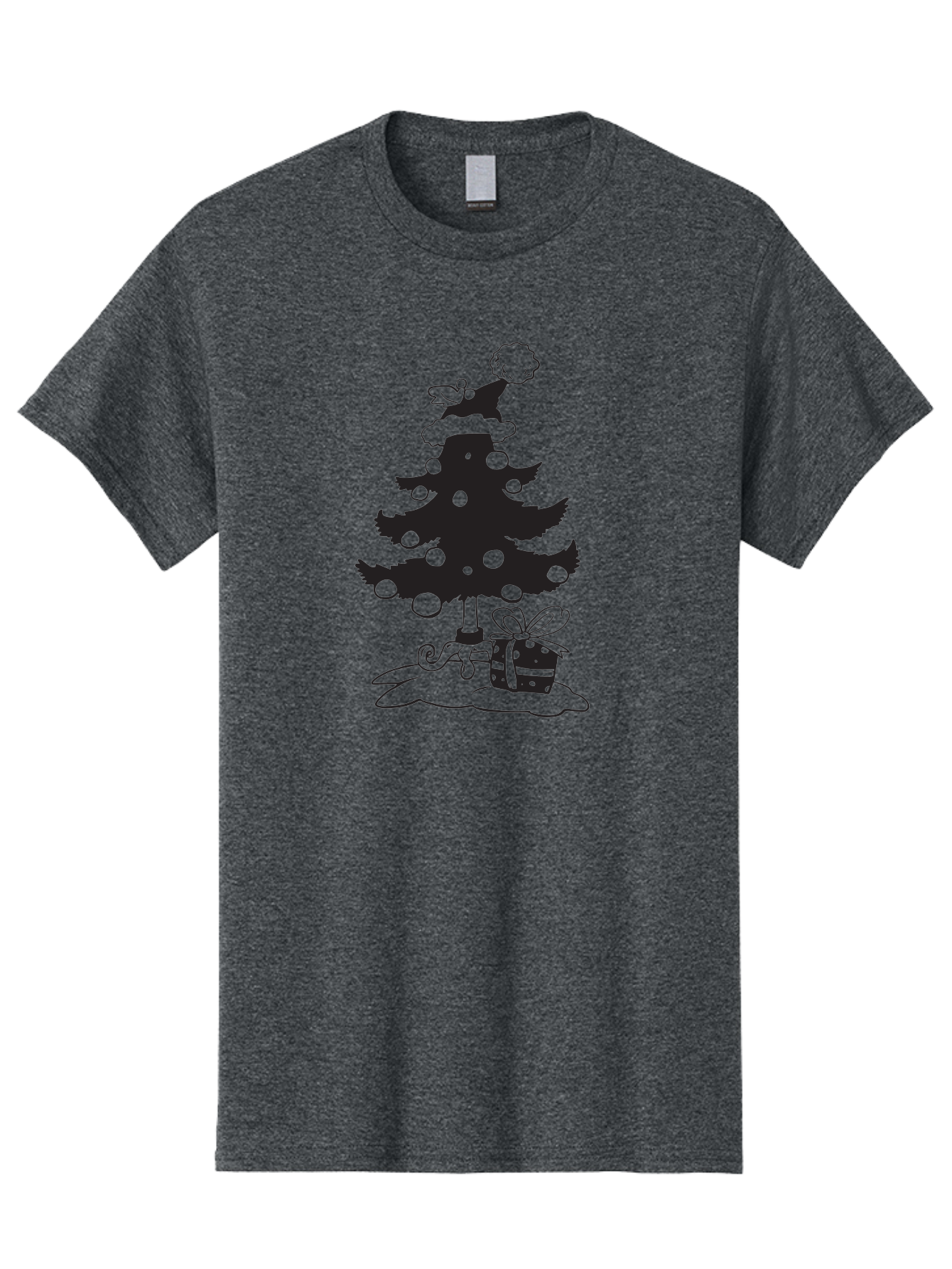 Christmas-Tree-1 Men'S Graphic Tee, 100% Cotton, Comfortable Casual Summer Wear, Machine Washable, Christmas Tree Silhouette, Decorated Tree, Angel On Top, Christmas Ornaments, Gift Box, Ribbon, Festive, Holiday, Christmas Decoration, Aac588